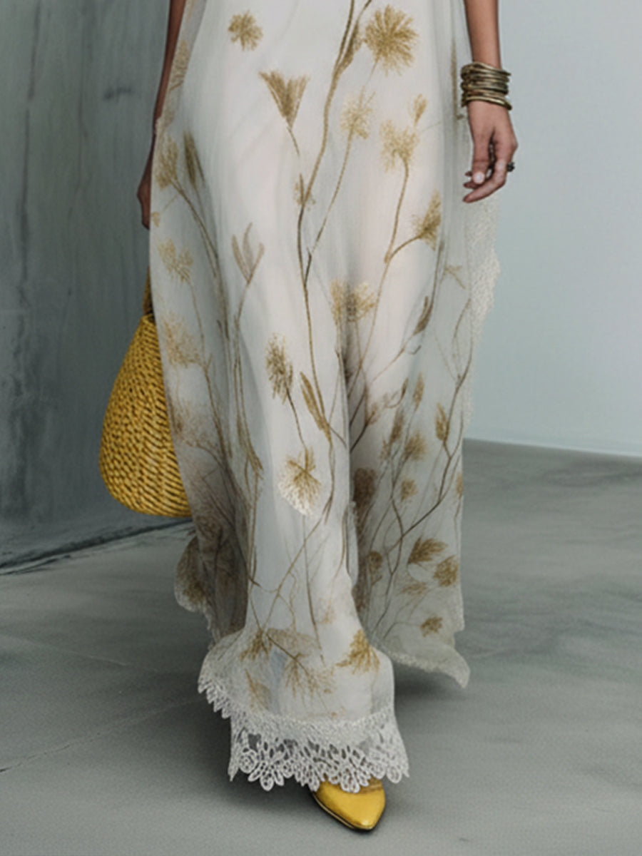 Ivory Sheer Chiffon Floral Print Maxi Dress With Lace Hem