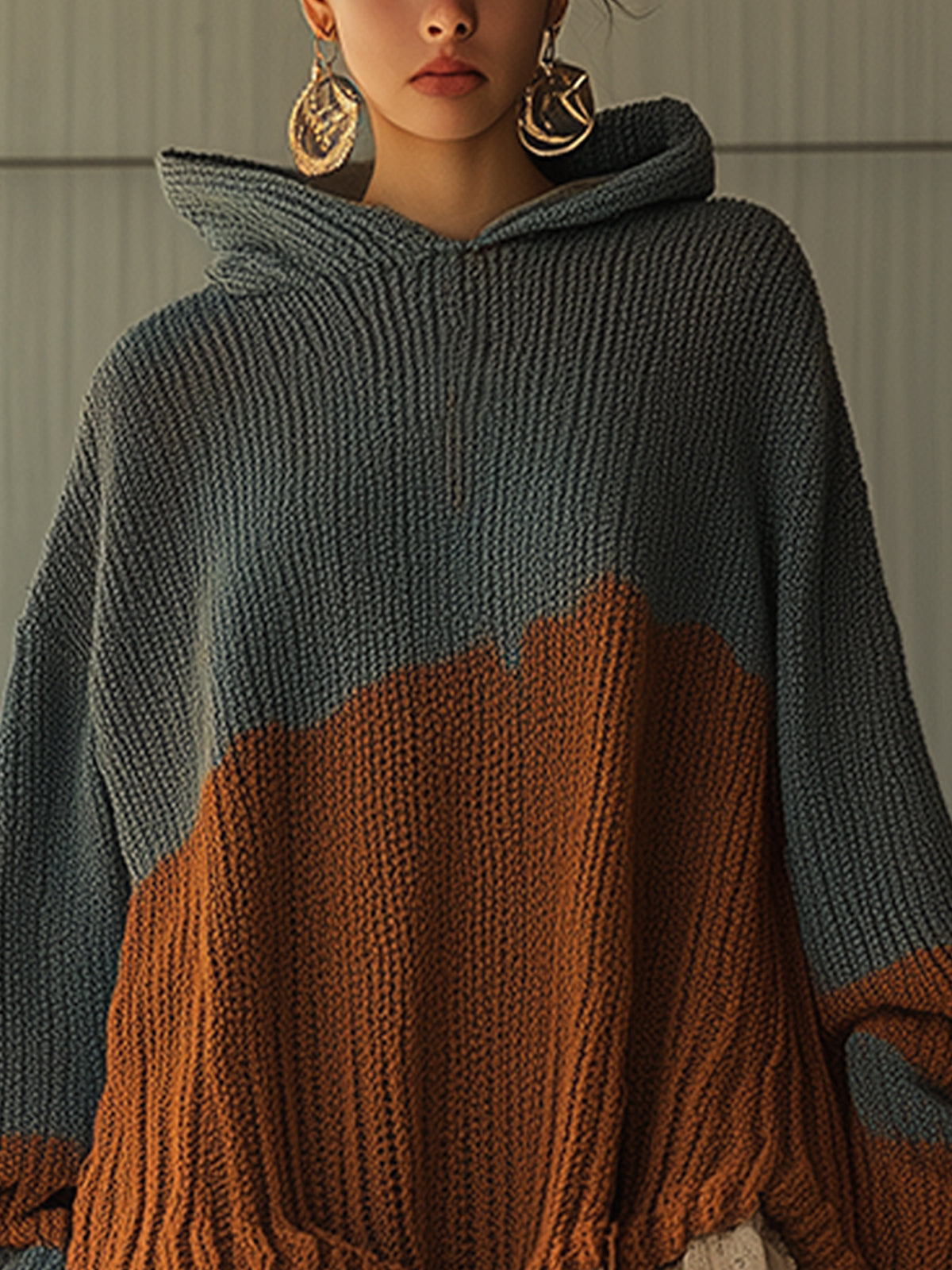 Two Tone Knit Lace Trim Hoodie Dress