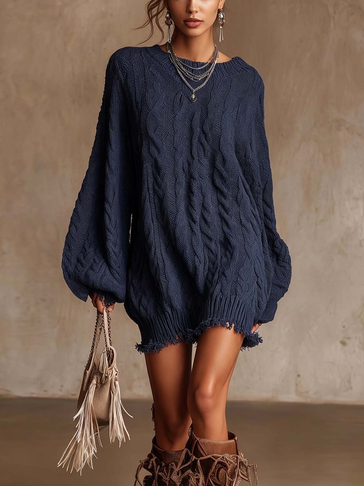 Navy Cable Knit Mini Sweater Dress With Fringe Hem
