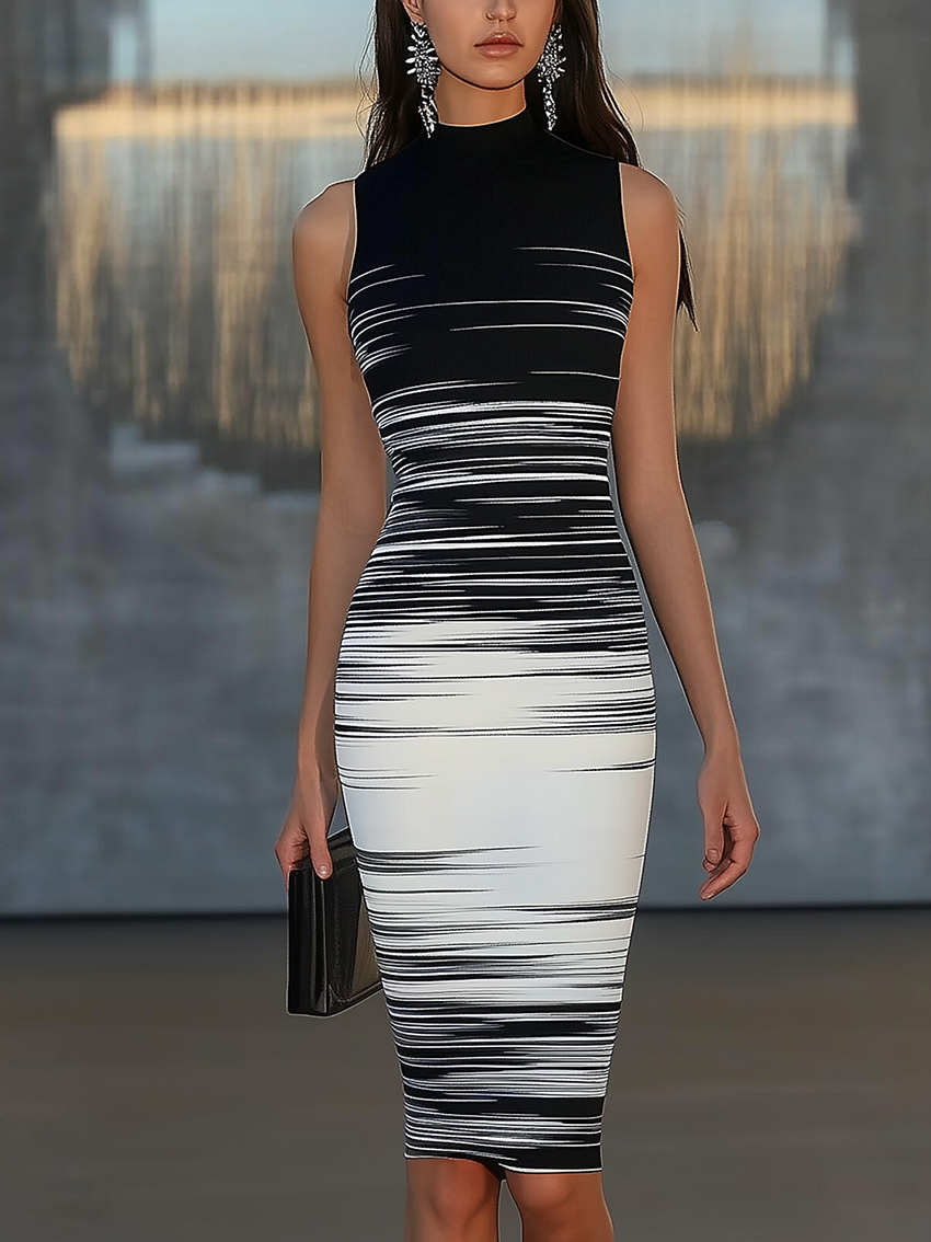 Round Neck Sleeveless Black Midi Bodycon Dress With White Gradient Stripe Print