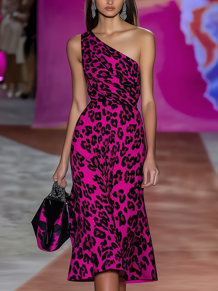 One Shoulder Magenta Midi Dress With Black Leopard Print