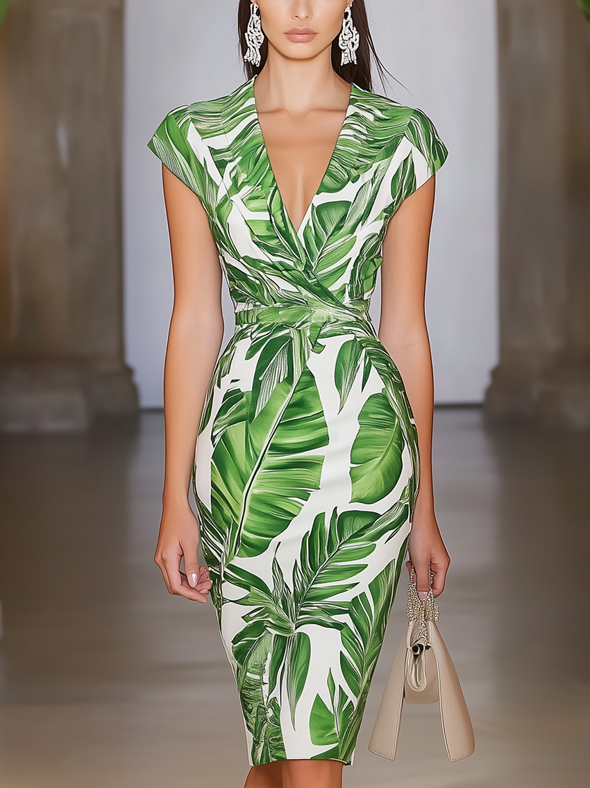 V-neck Midi Bodycon Dress With Green Leaf Print