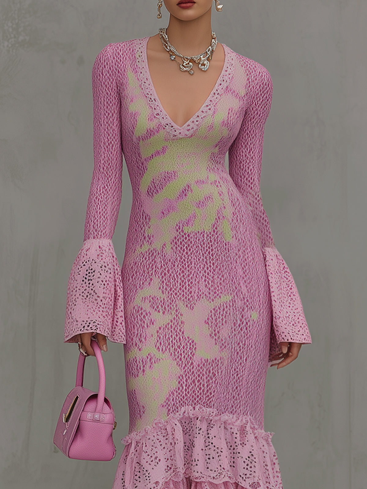 Lilac Lime Gradient Knit V-Neck Bodycon Dress With Lace Ruffles