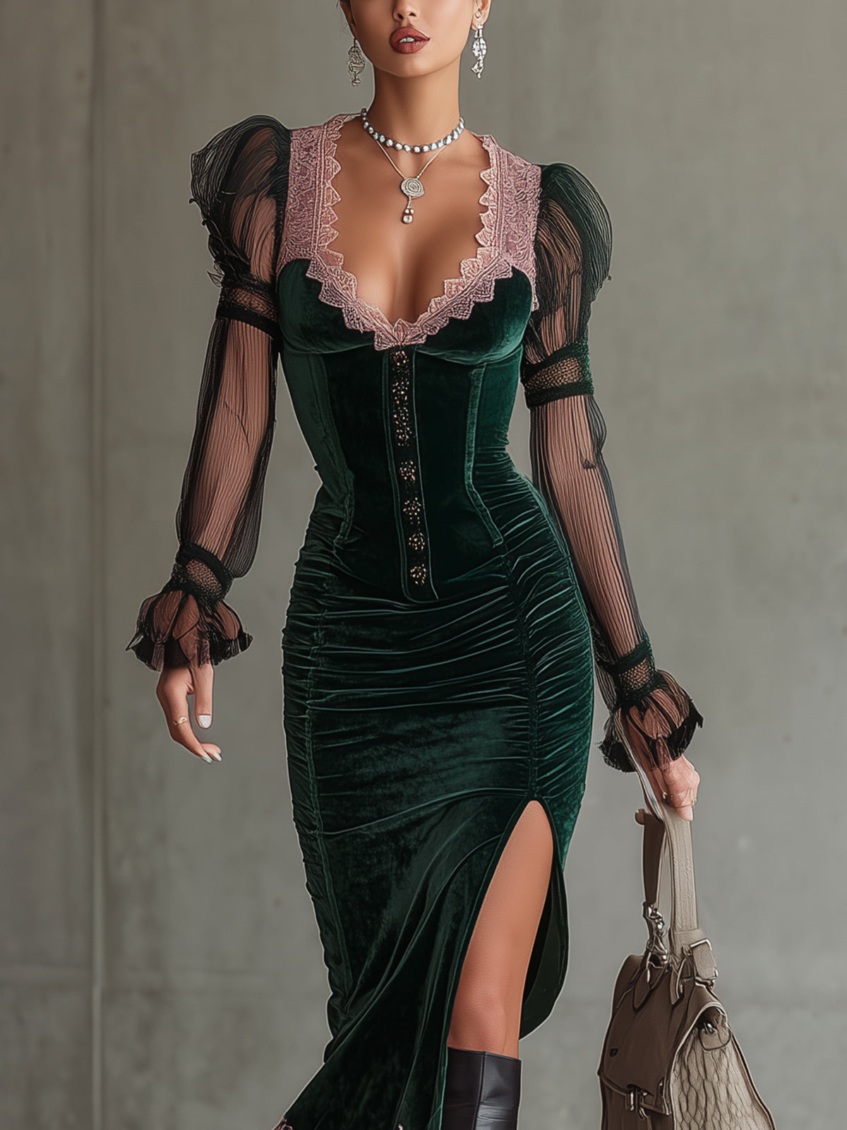 Green Velvet Midi Dress With Sheer Puff Sleeves And Pink Lace Trim