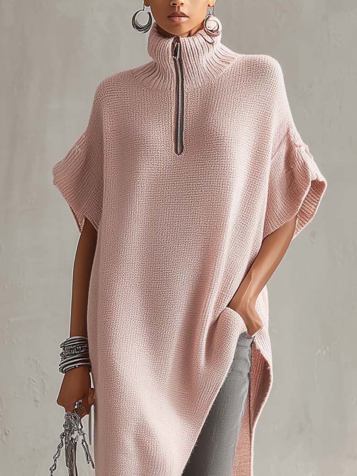 Pink Turtleneck Zip Split Side Knit Midi Dress