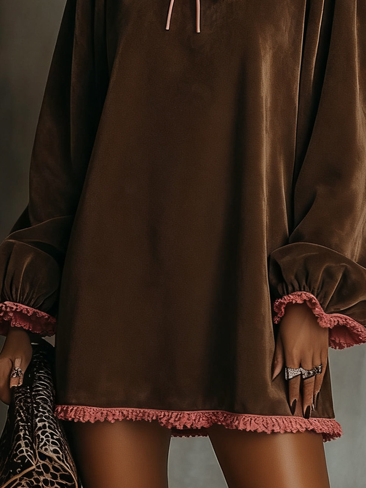 Chocolate Velvet Dress With Pink Ruffle Trim