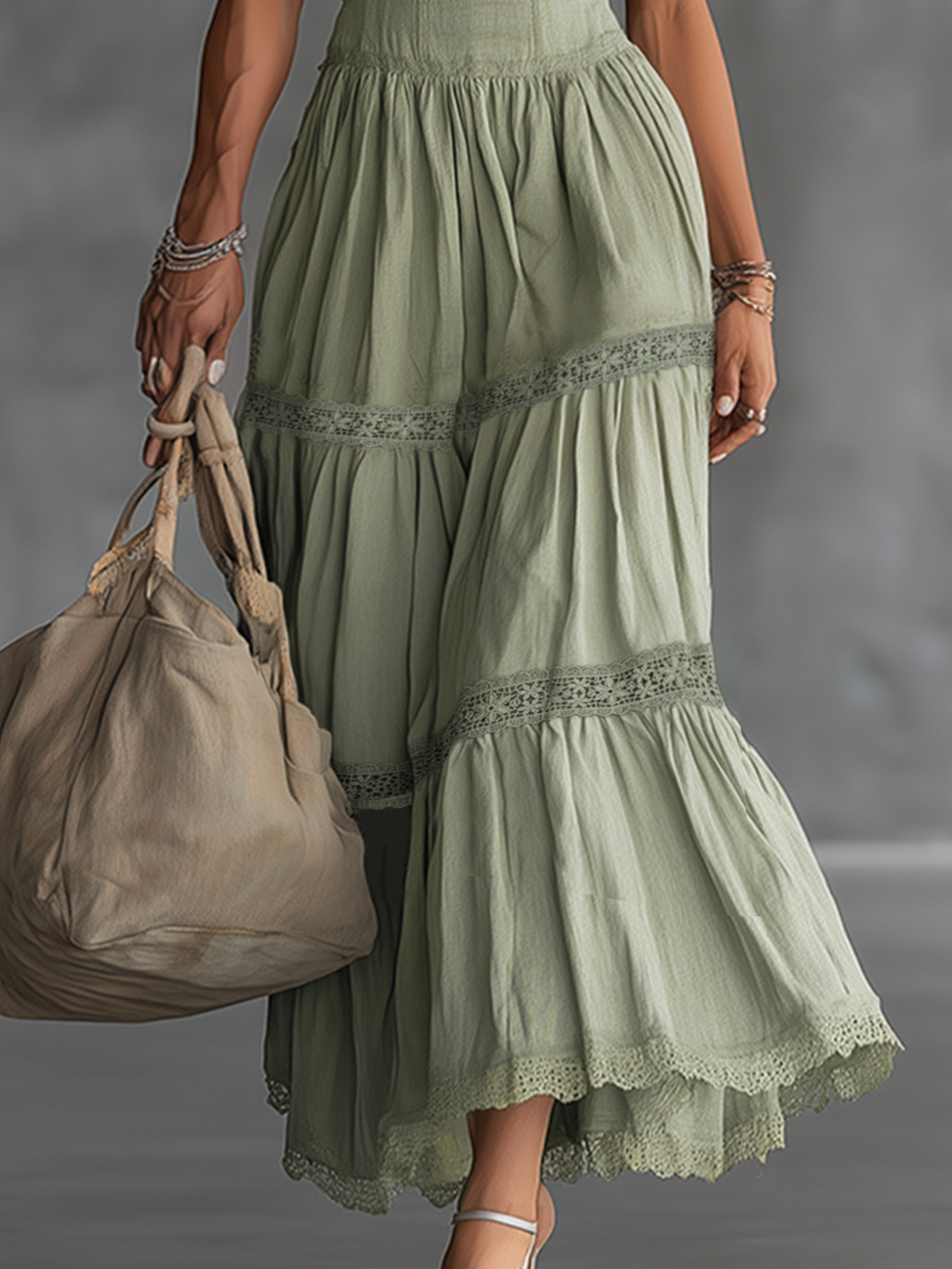 Green Lace-Trimmed Cotton Tiered Maxi Dress