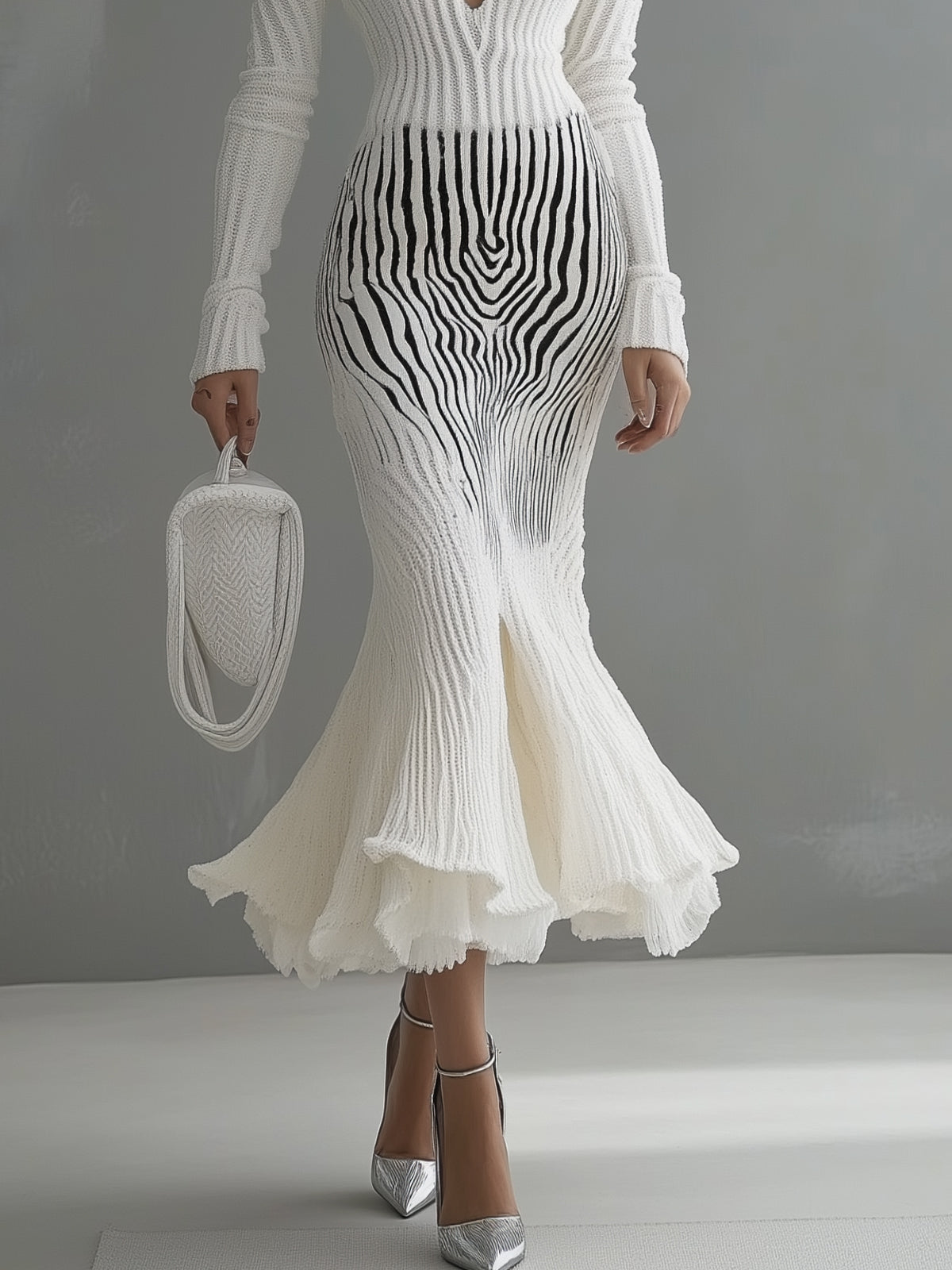 White Ribbed Knit Mermaid Dress With Zebra Effect And Deep V-Neck