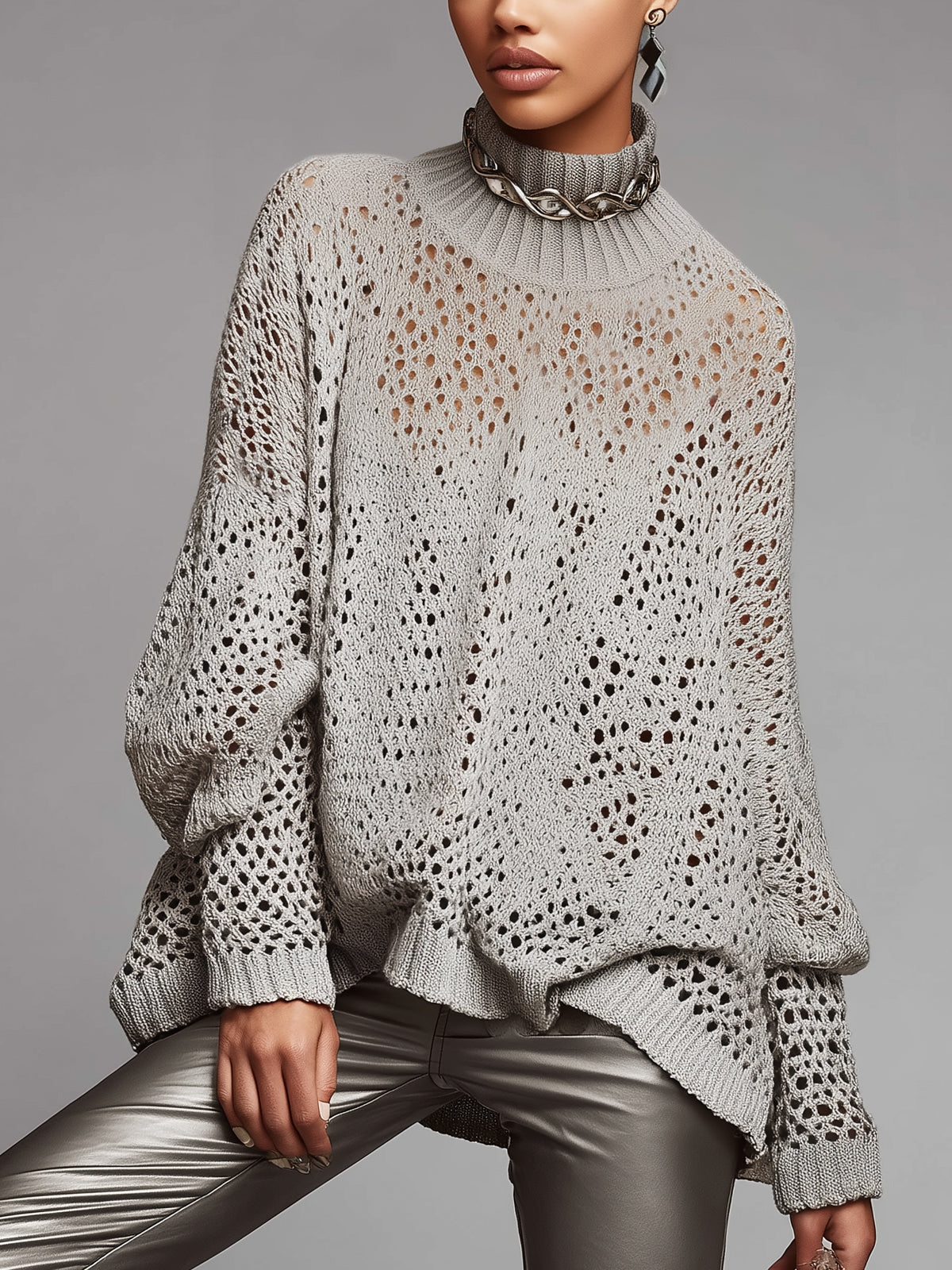 Light Gray Open-Knit Turtleneck Sweater With Oversized Fit And Ribbed Edges