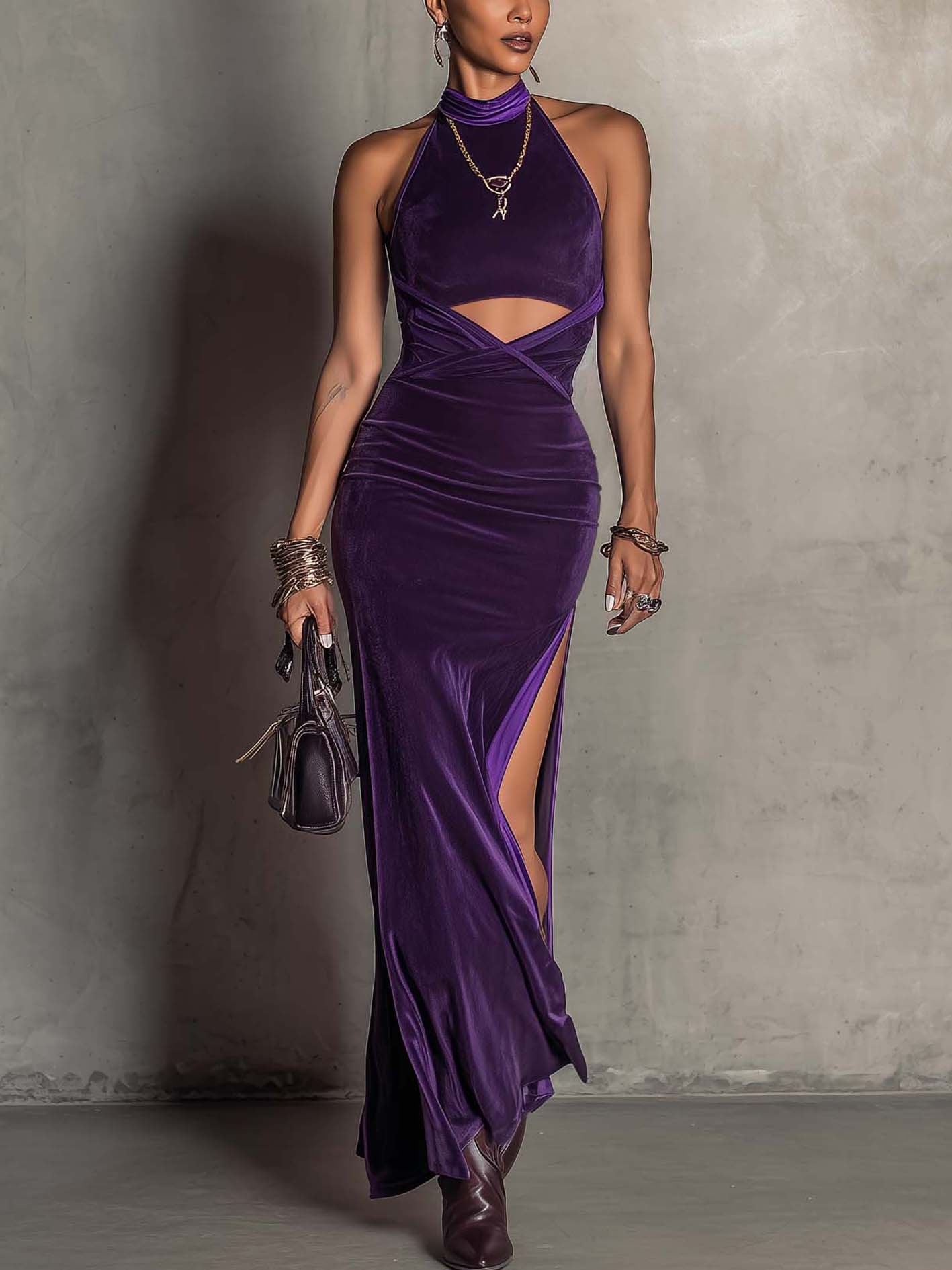 Purple Velvet Cutout Sleeveless Bodycon Dress with Side Slit