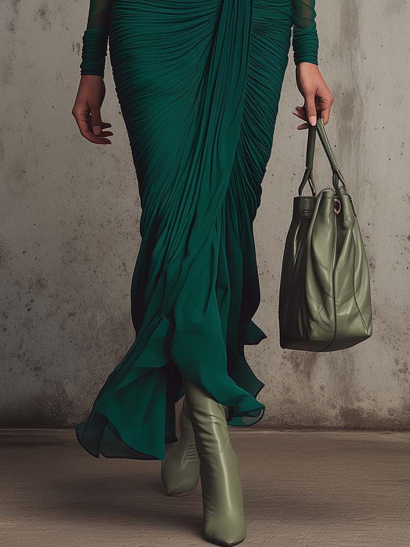 Dark Green Chiffon Bodycon Dress With Mesh Sleeves And 3D Flowers