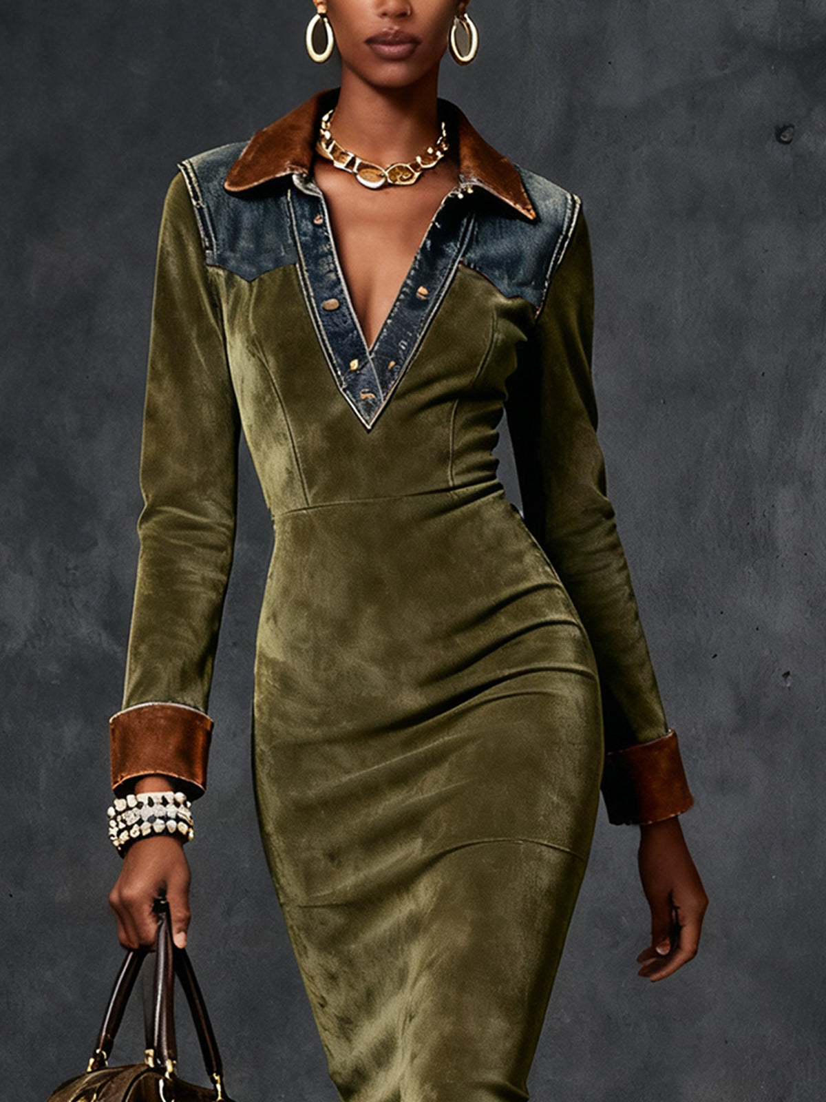 Olive Faux Suede Accent Midi Bodycon Dress