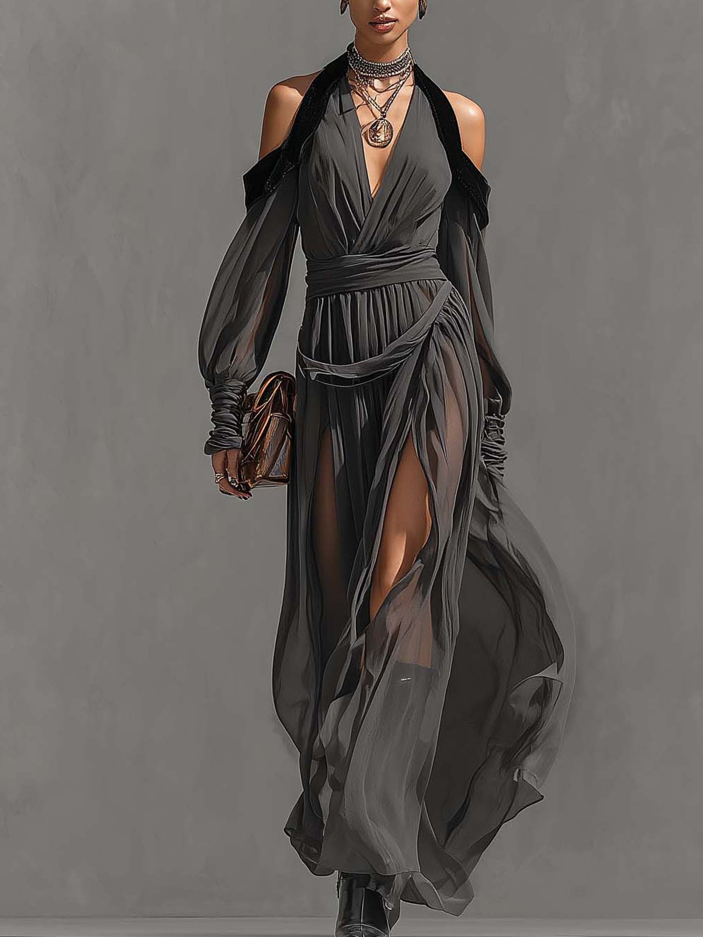 Gray Chiffon Cold Shoulder Pleated Patchwork Maxi Dress