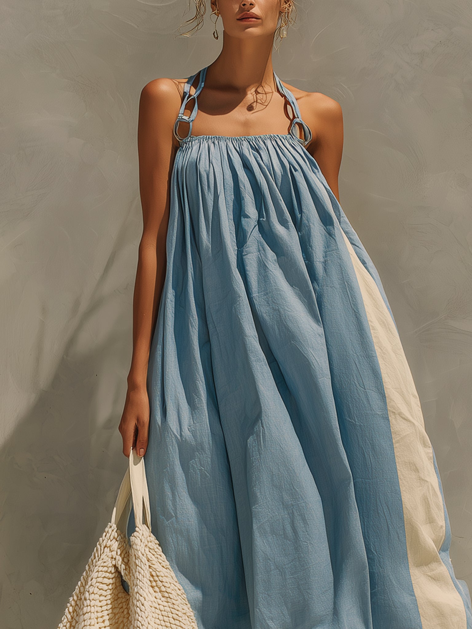 Blue Loose Woven Linen And Cotton Maxi Dress