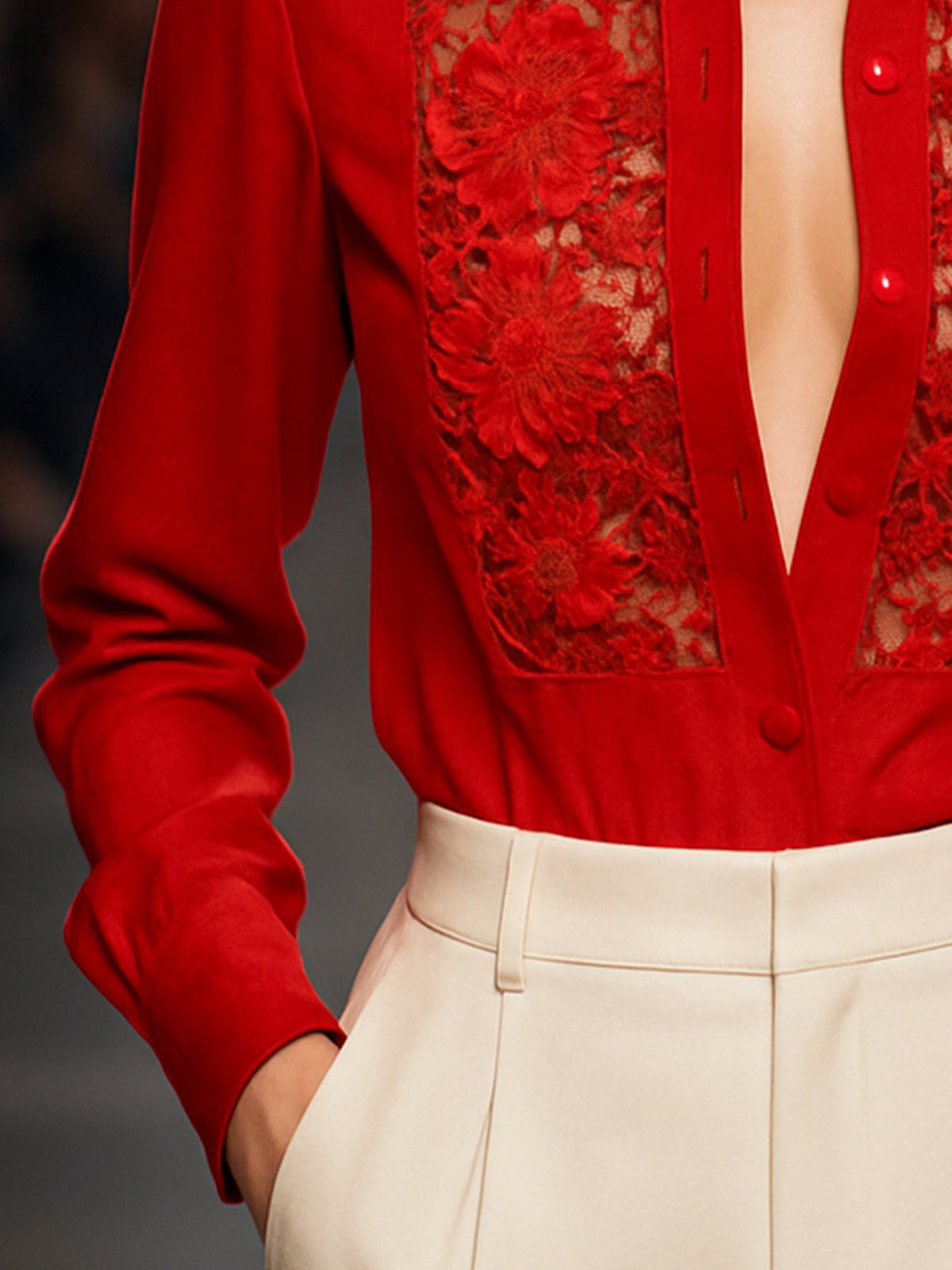 Bold Red Lace Panel Button Blouse