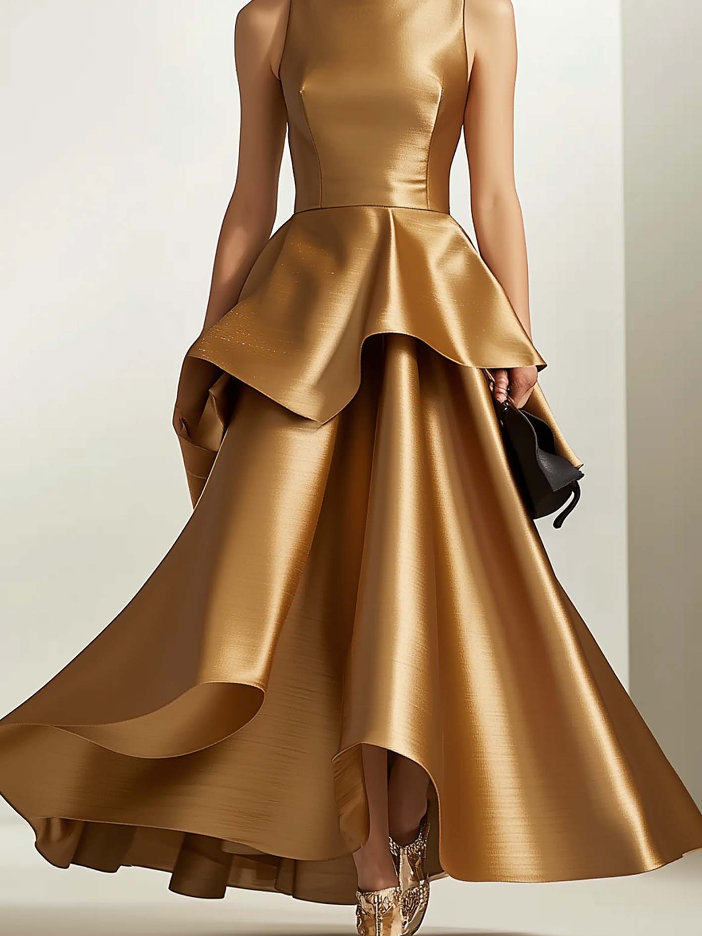 Gold Satin Maxi Dress With Ruffles