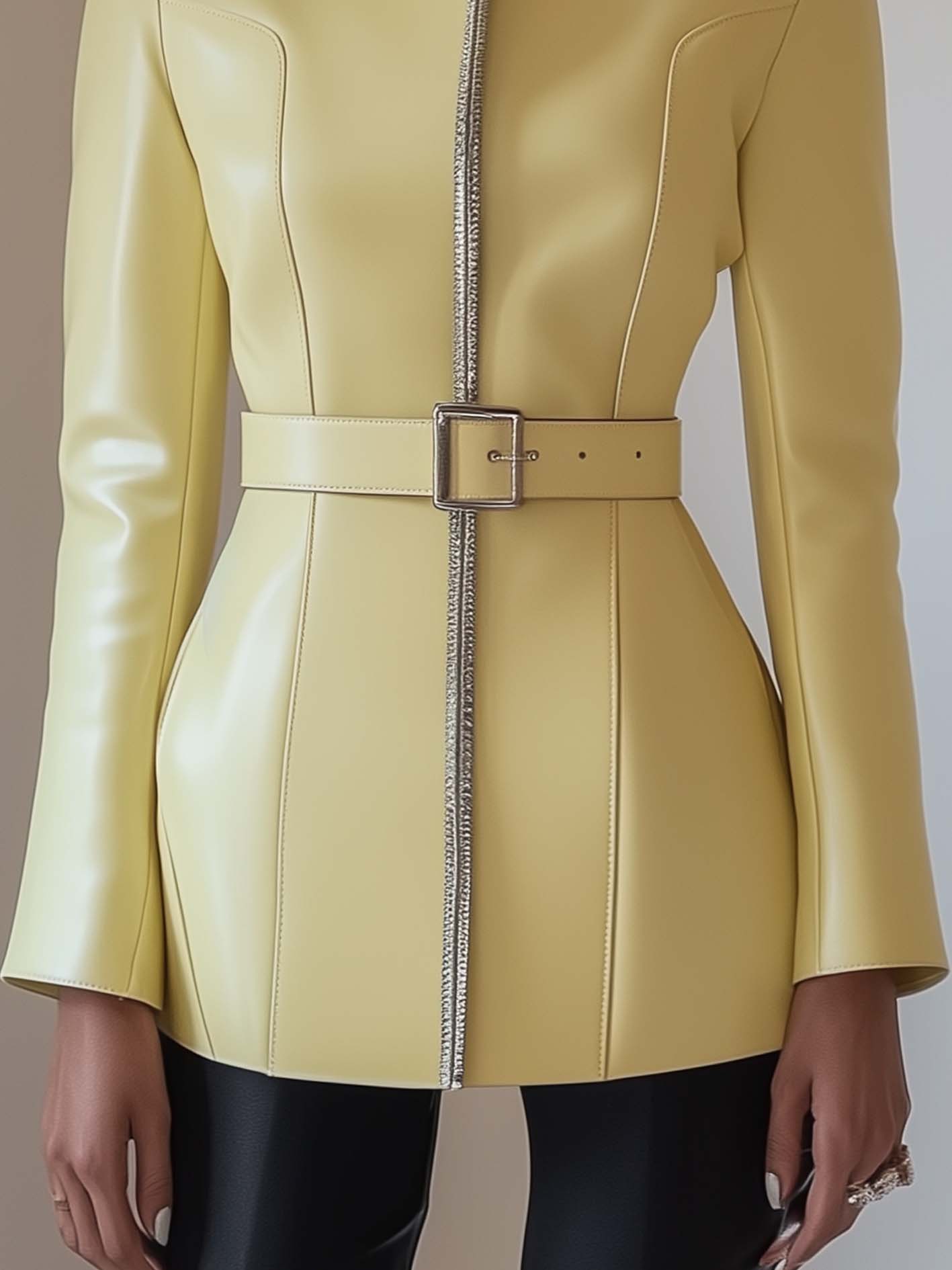 Cream Yellow Faux Leather Jacket With Belt And Silver Web