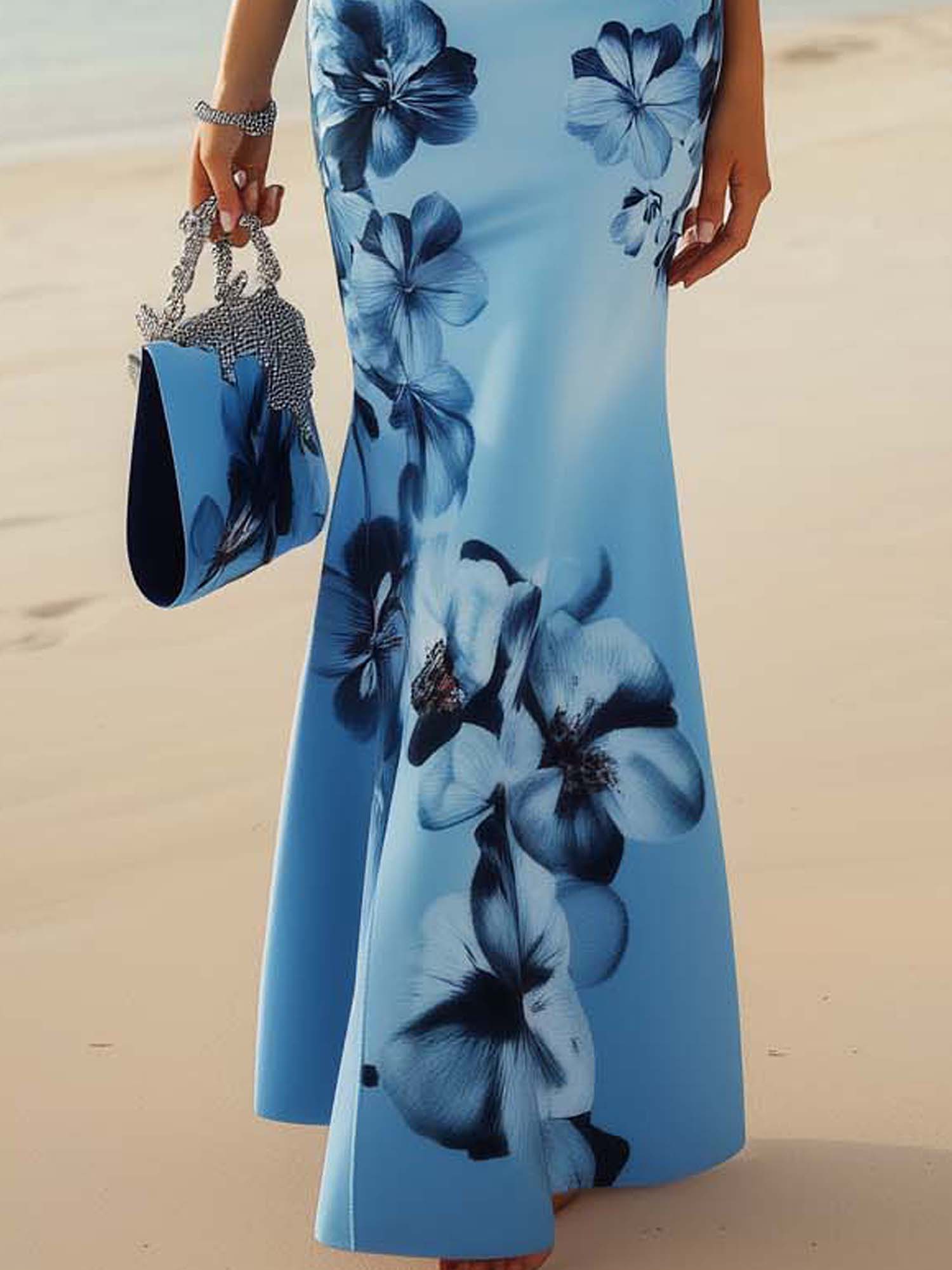 One Shoulder Light Blue Bodycon Dress With Blue Gradient Floral Print