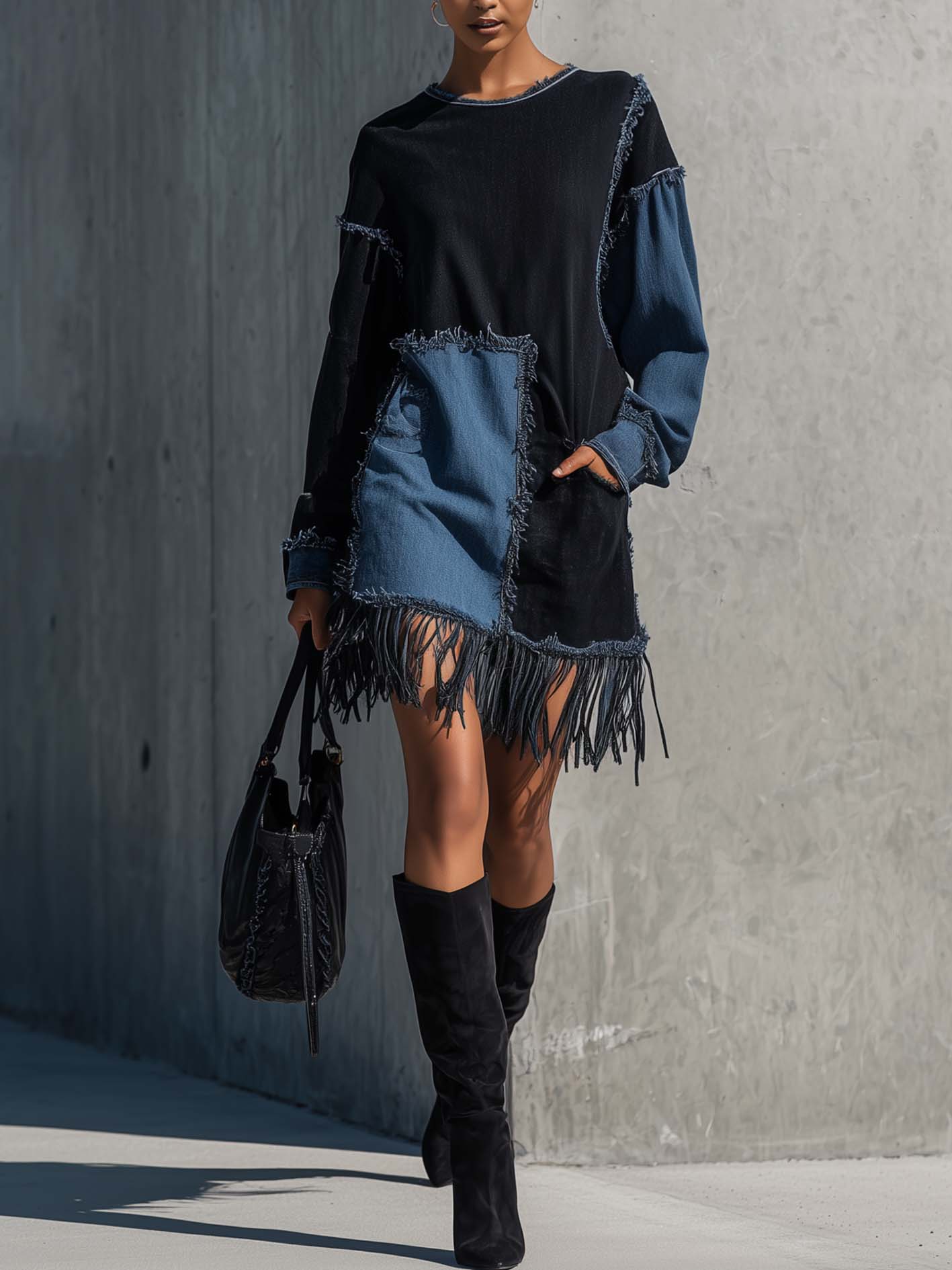 Black And Blue Patchwork Fringe Hem Denim Mini Dress