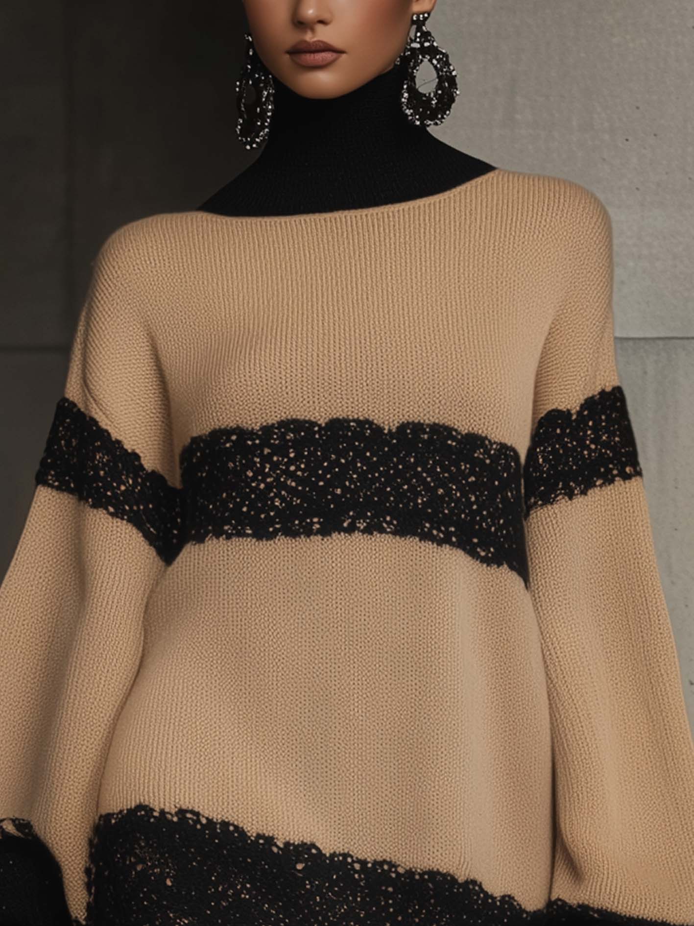 Beige Knitted Mini Dress With Lace Stripes