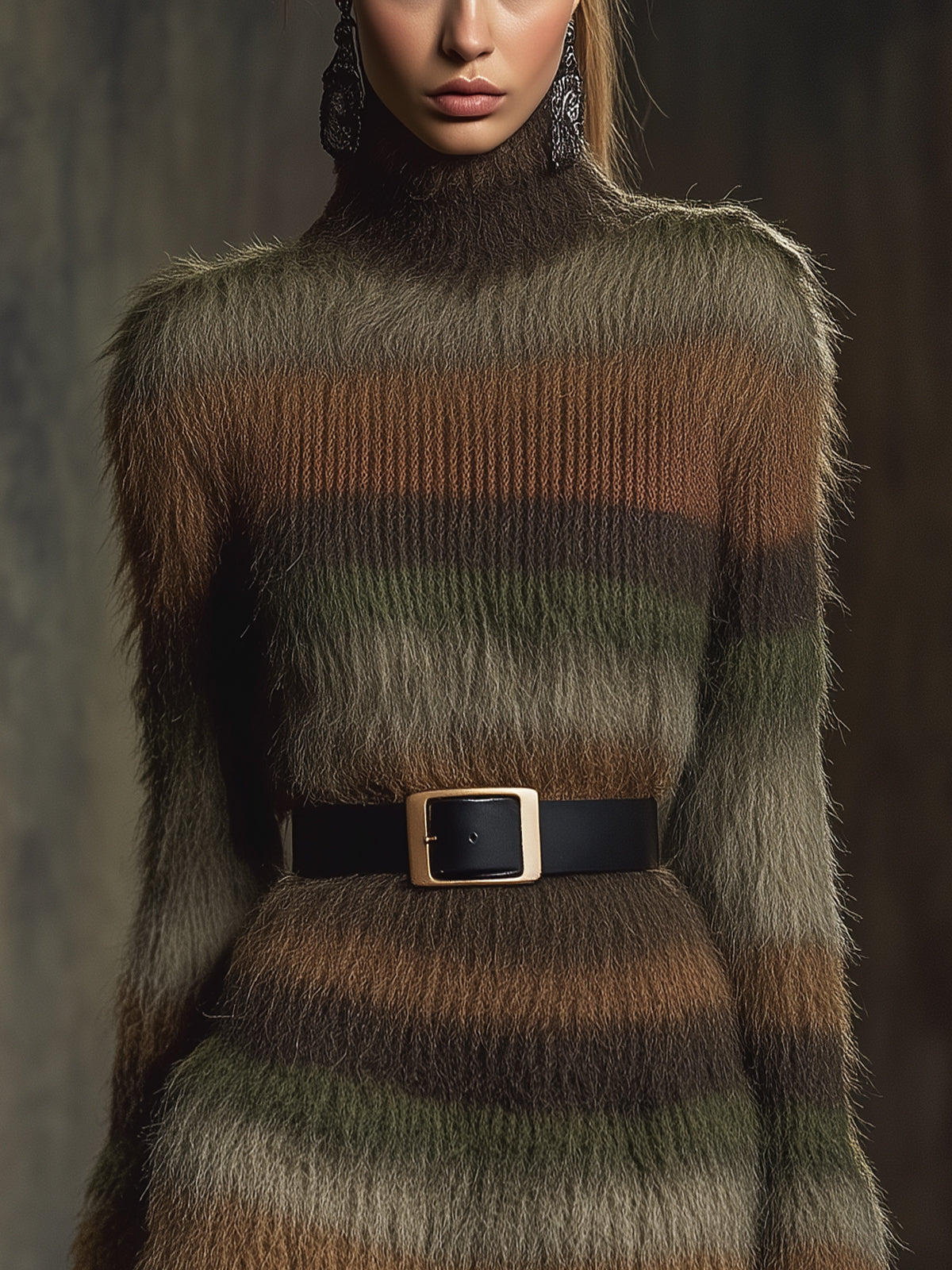 Multicolored Fuzzy Striped Sweater Dress