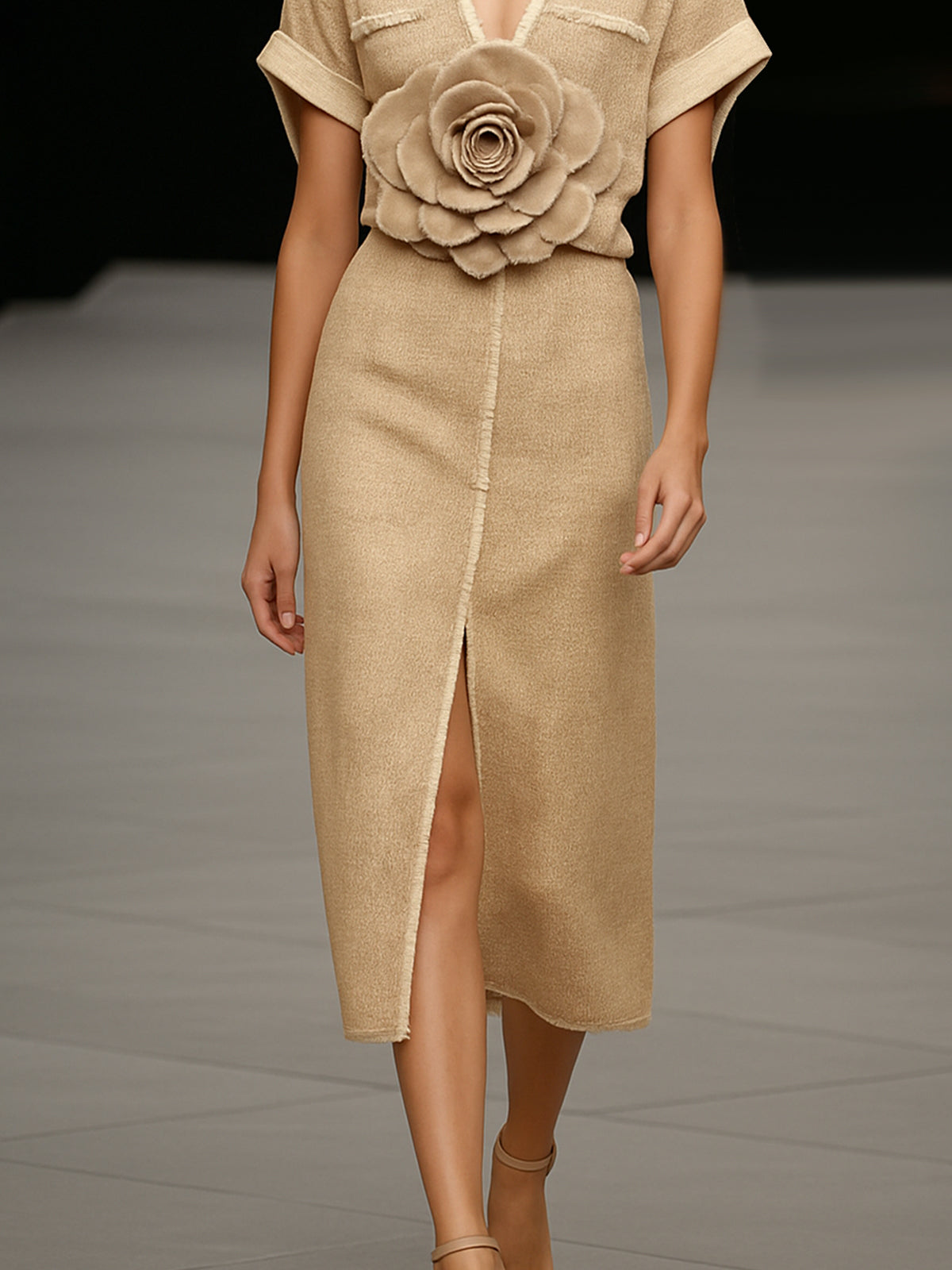 Beige Midi Dress With Floral Waist Detail