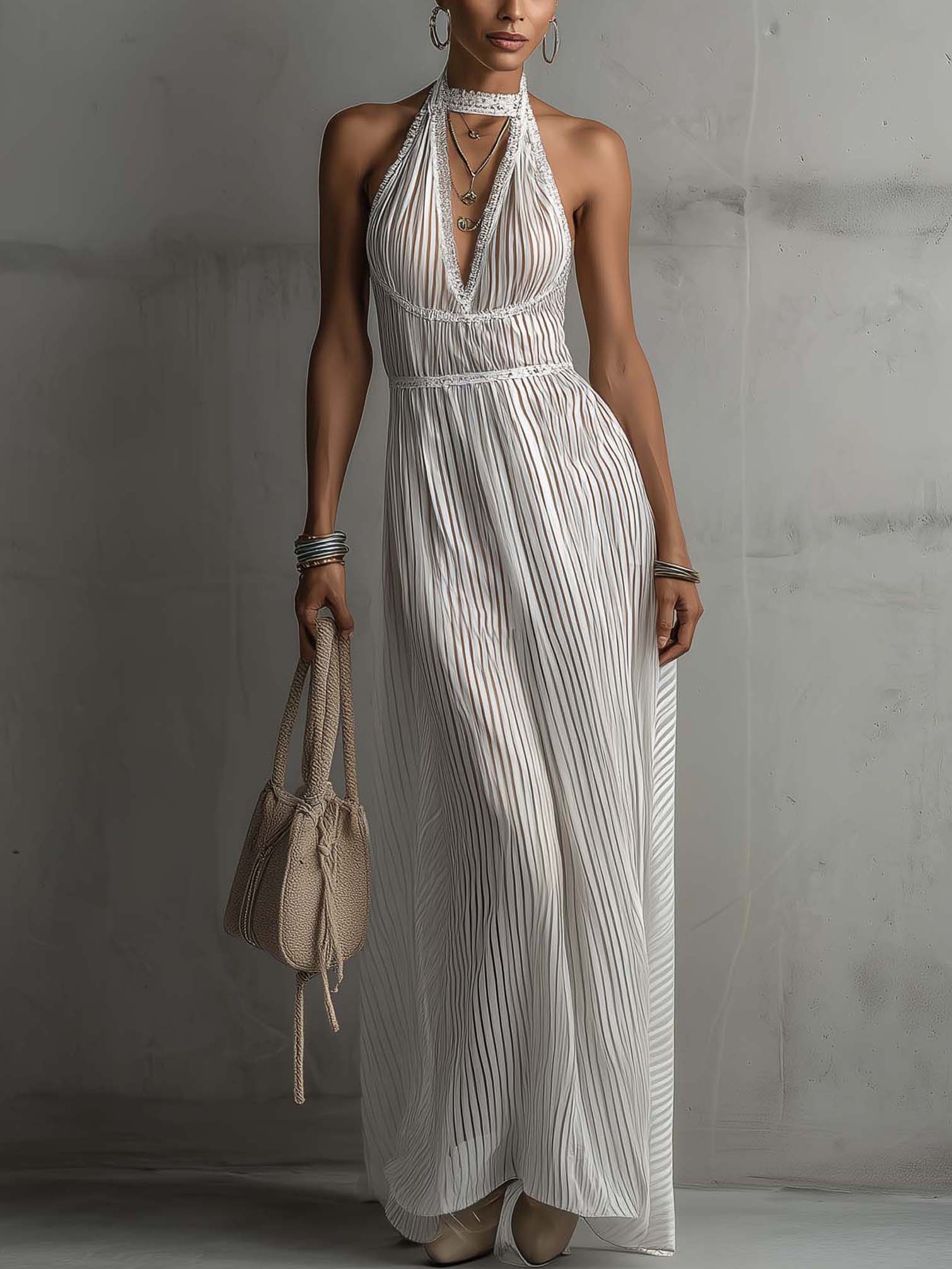 White Lace Trim Pleated Organza Maxi Dress