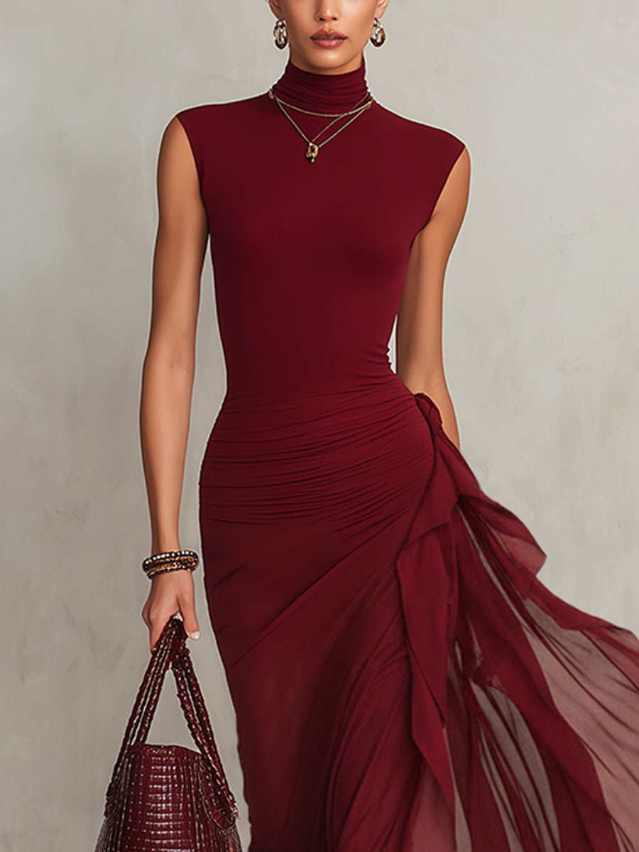 Bordeaux Chiffon Sleeveless Bodycon Dress