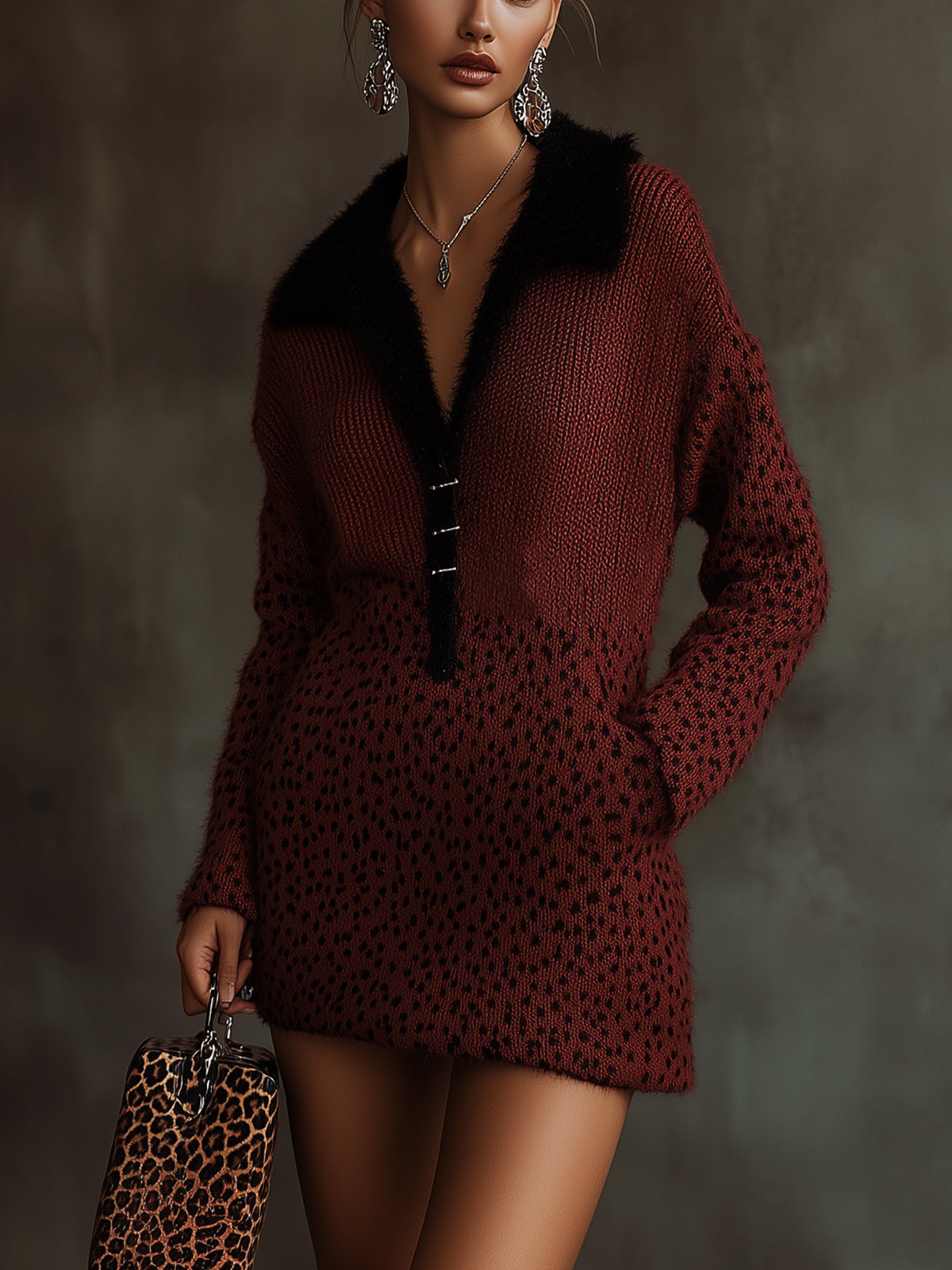 Burgundy Knit Dress With Faux Fur Collar And Leopard Print