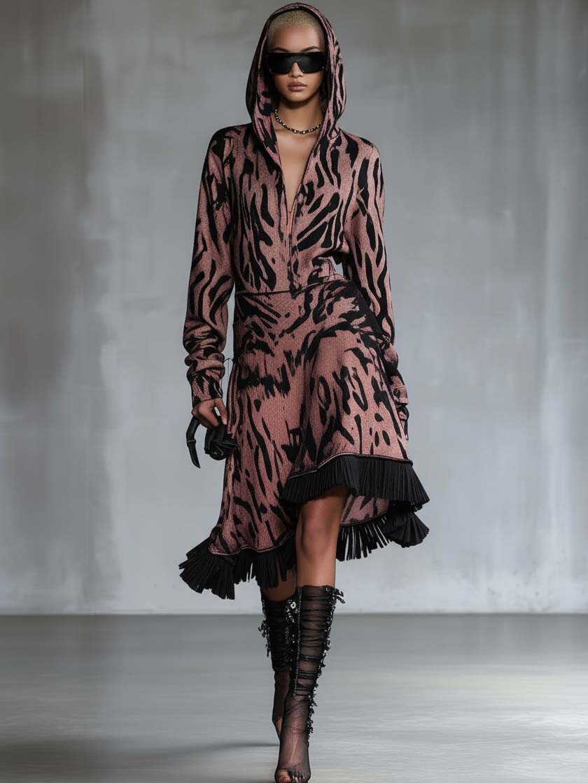 Pink Hooded Sweatshirt Midi Dress With Ruffles And Print