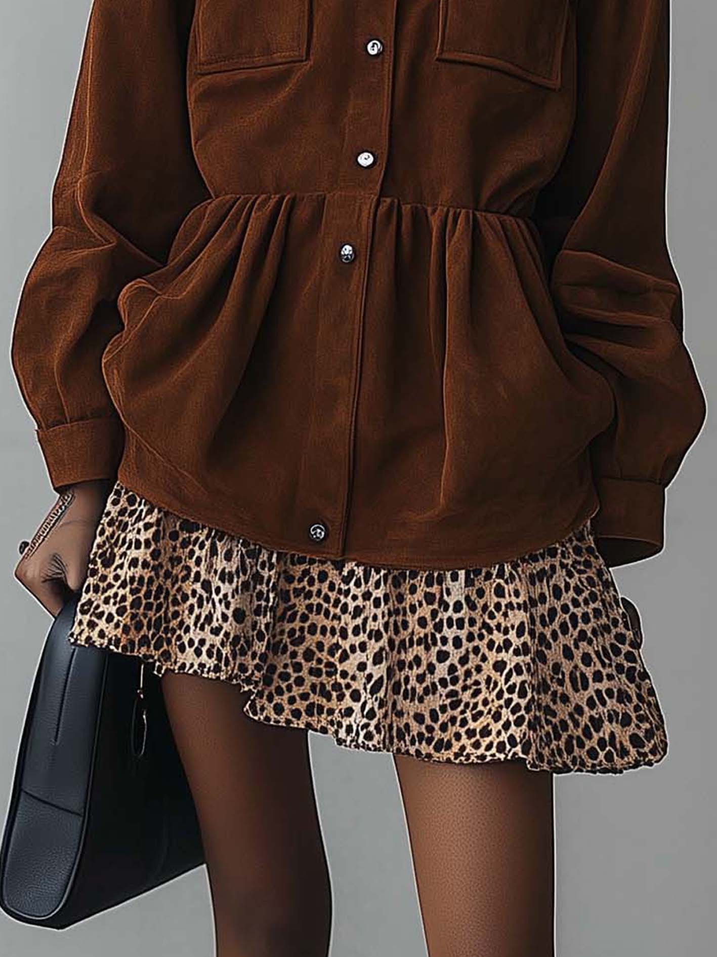 Brown Faux Suede Mini Dress With Leopard Print Ruffles