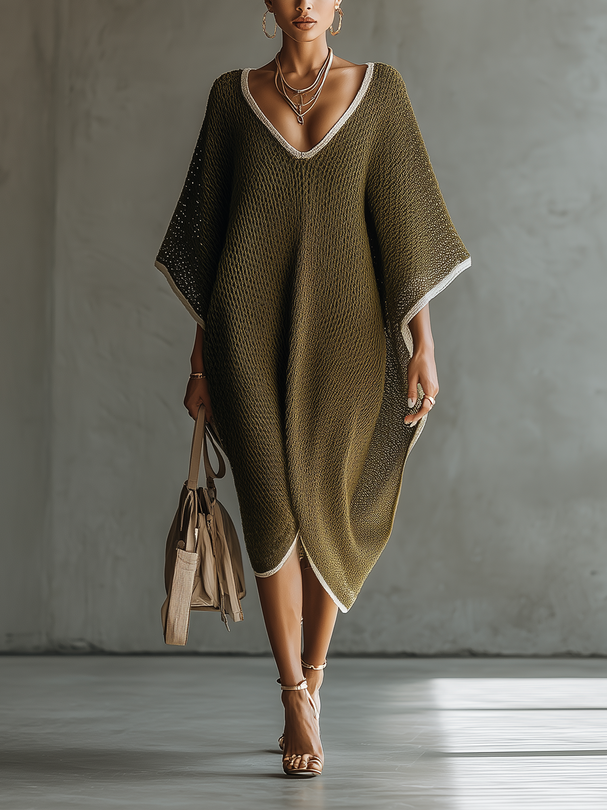 Olive Drape Textured Knit V-Neck Kaftan Midi Dress