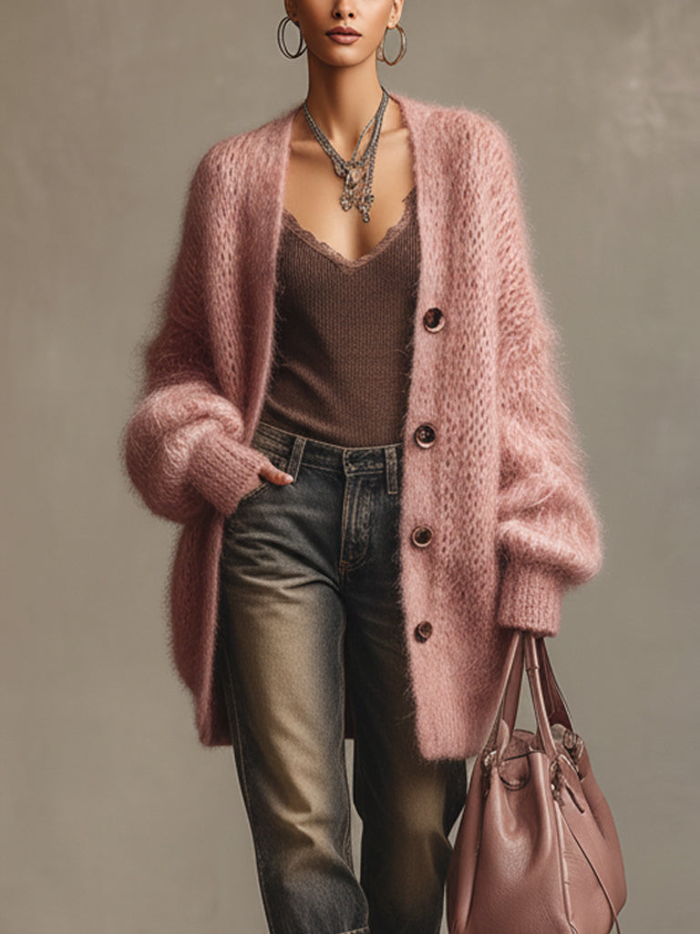 Blush Mohair Knit Long Sleeve Cardigan