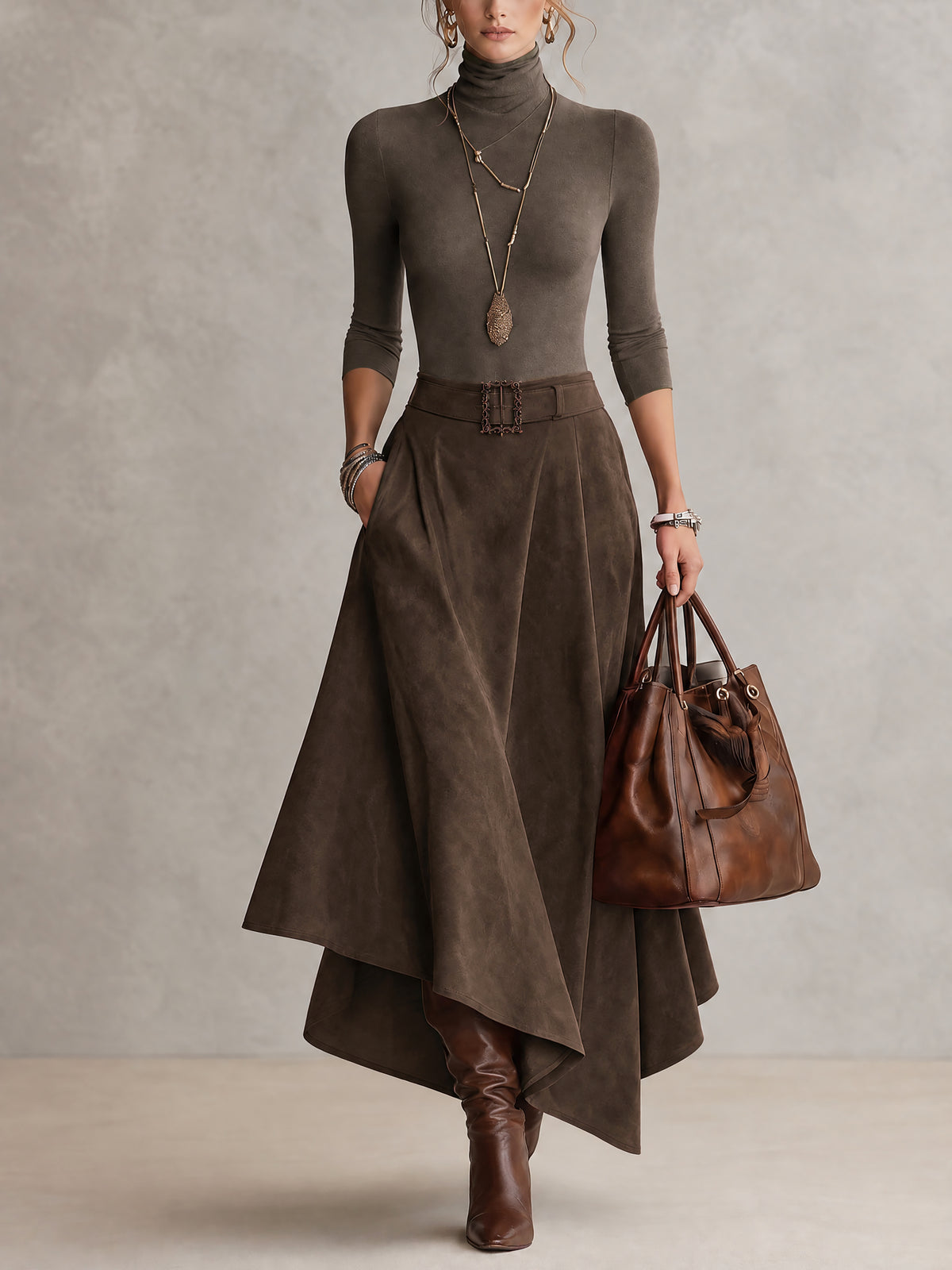 Taupe Stretch Turtleneck Top And Asymmetrical Suede Skirt Set