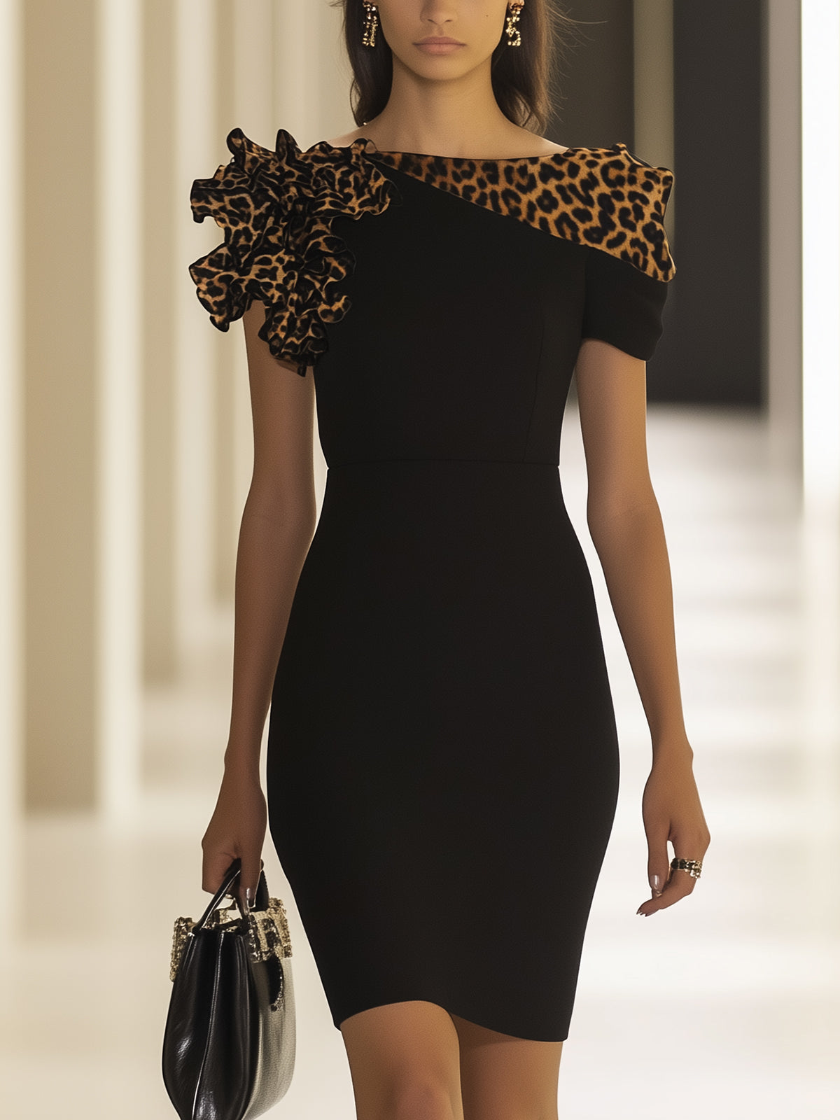 Leopard Print Ruffle Shoulder Bodycon Dress