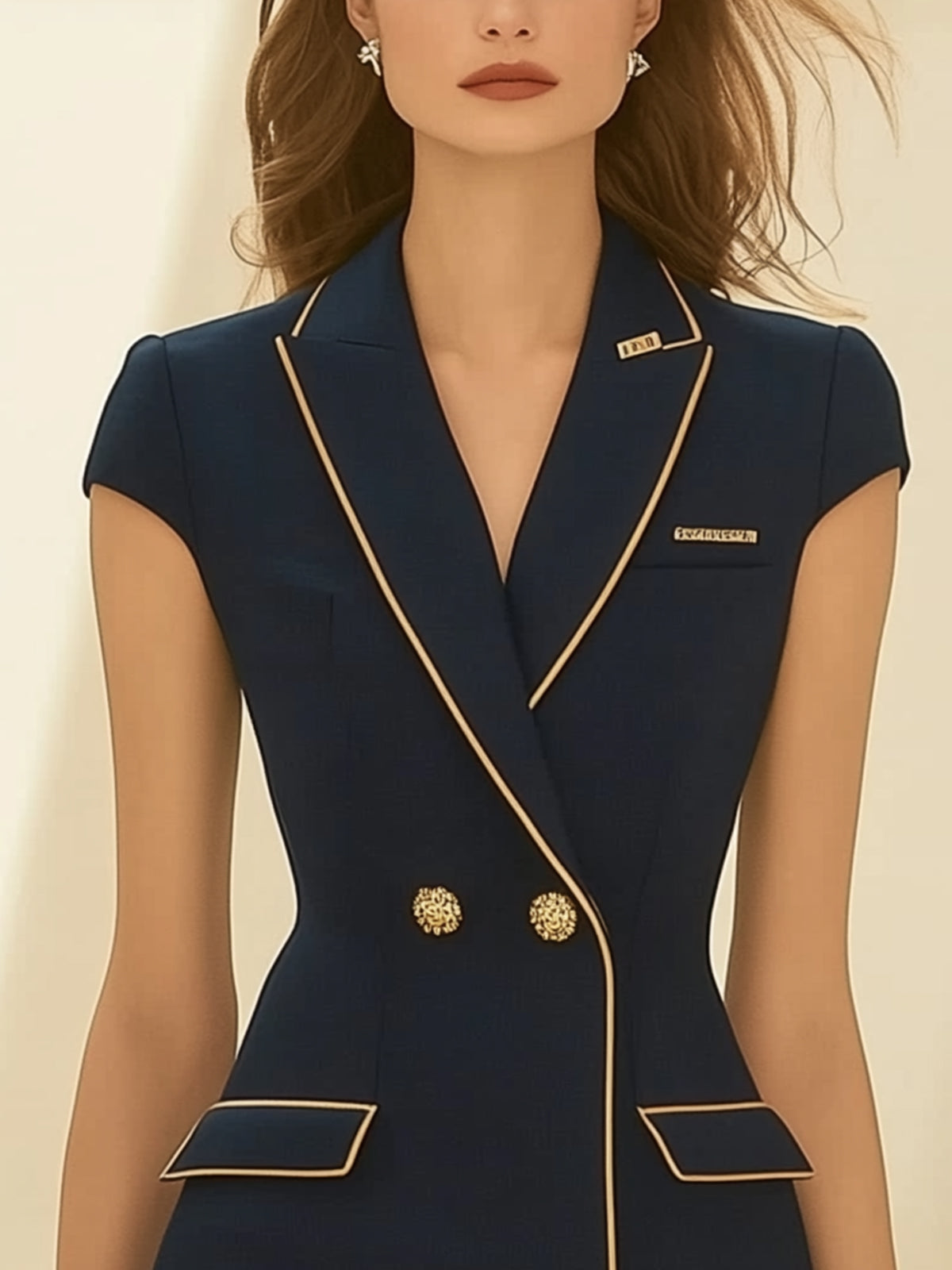 Fitted Short-Sleeve Dress With Lapel Collar And Gold Trim