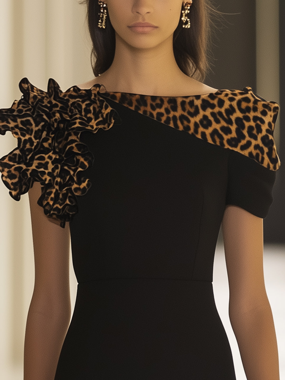 Leopard Print Ruffle Shoulder Bodycon Dress