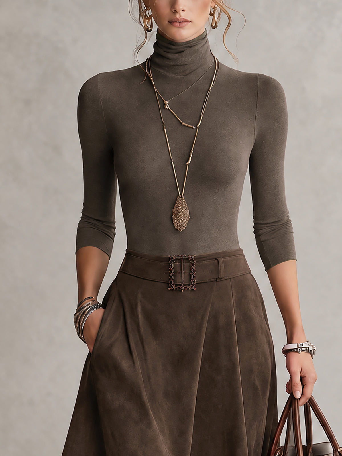 Taupe Stretch Turtleneck Top And Asymmetrical Suede Skirt Set