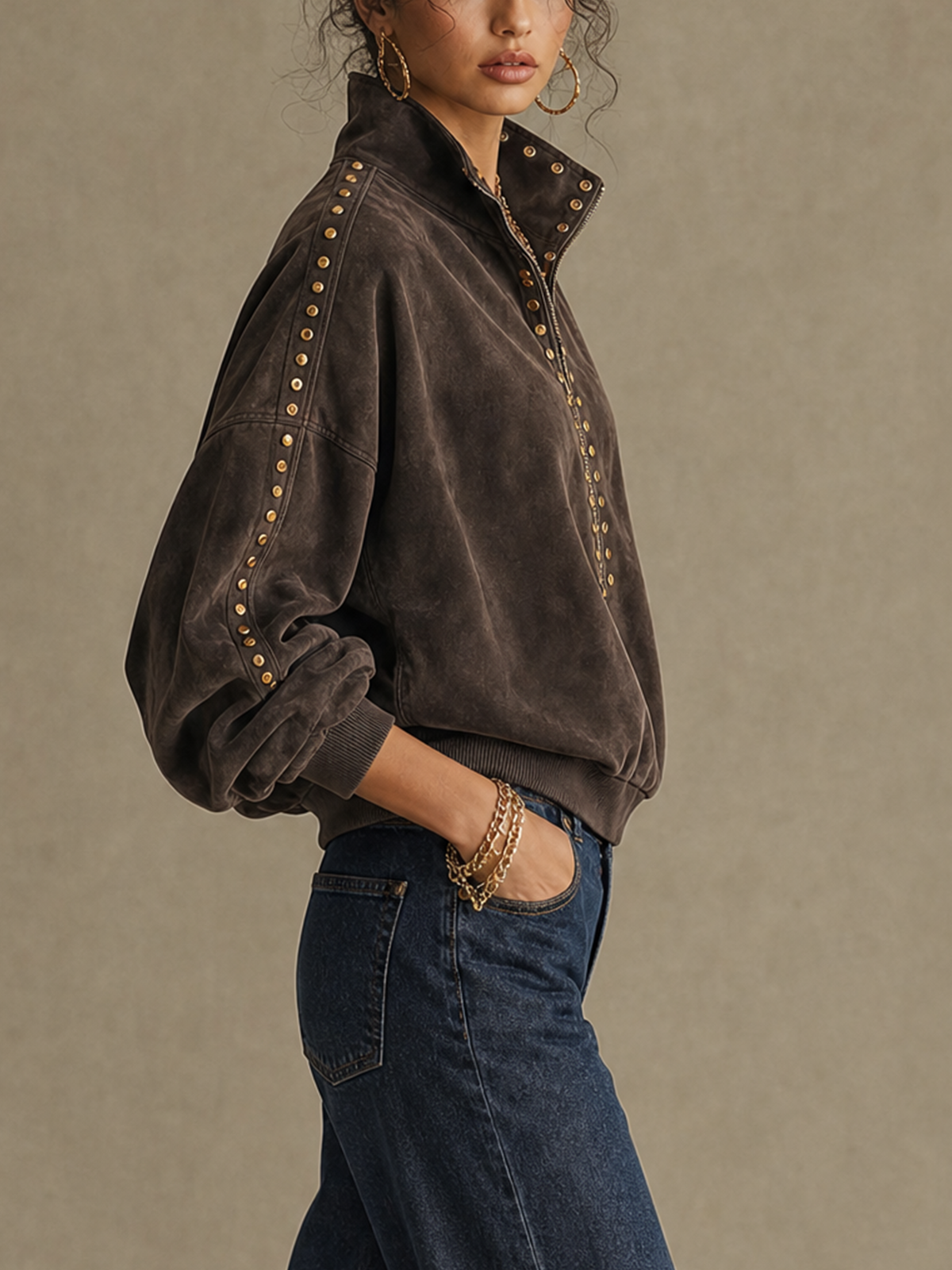 Dark Brown Gold‑Studded Half Zip Stand Collar Suede Top