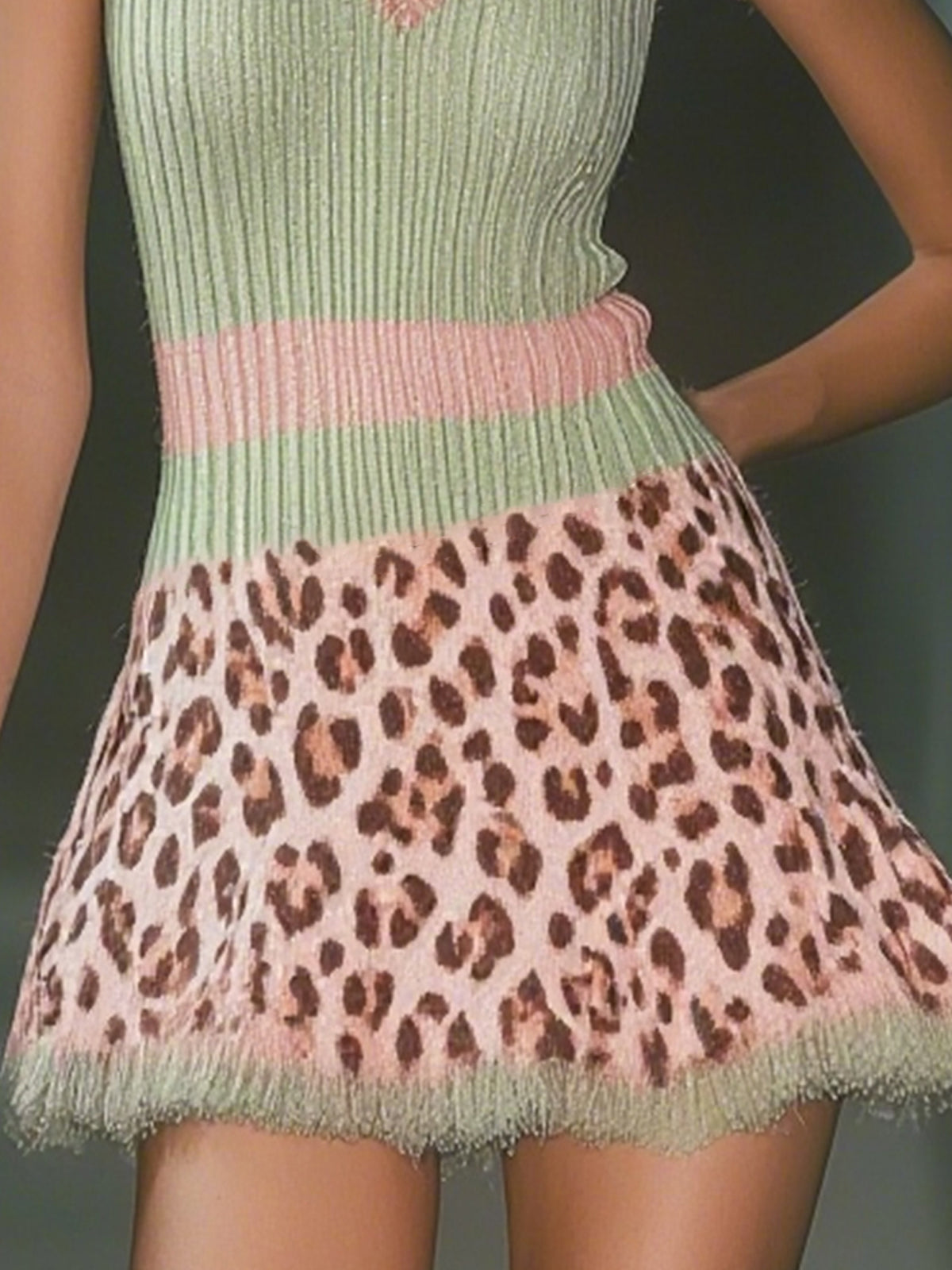 Pink And Green Ribbed Knit Leopard Print Dress