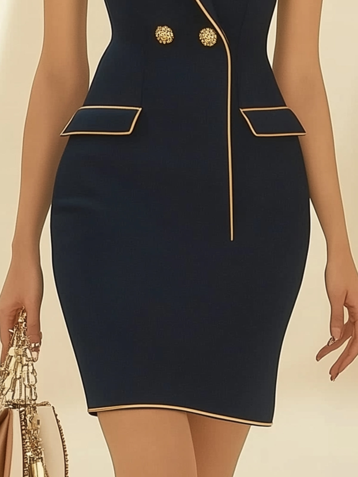 Fitted Short-Sleeve Dress With Lapel Collar And Gold Trim