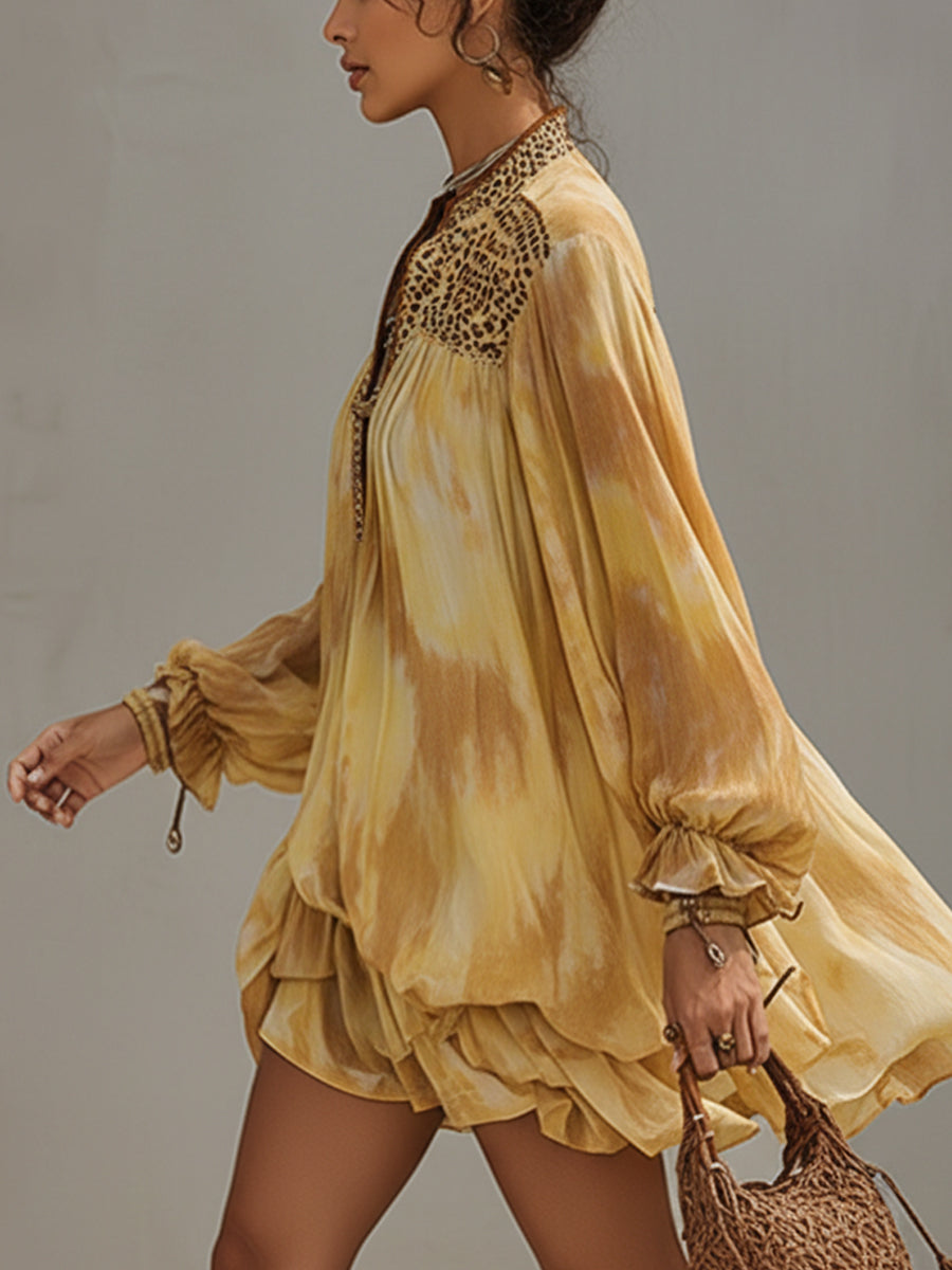 Yellow Tie Dye Embroidered Loose Long Sleeve Mini Dress