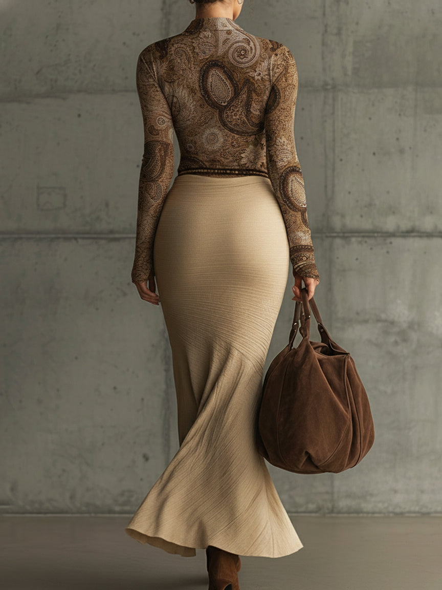 Light Brown Printed Top And Skirt Set With Bohemian Belt