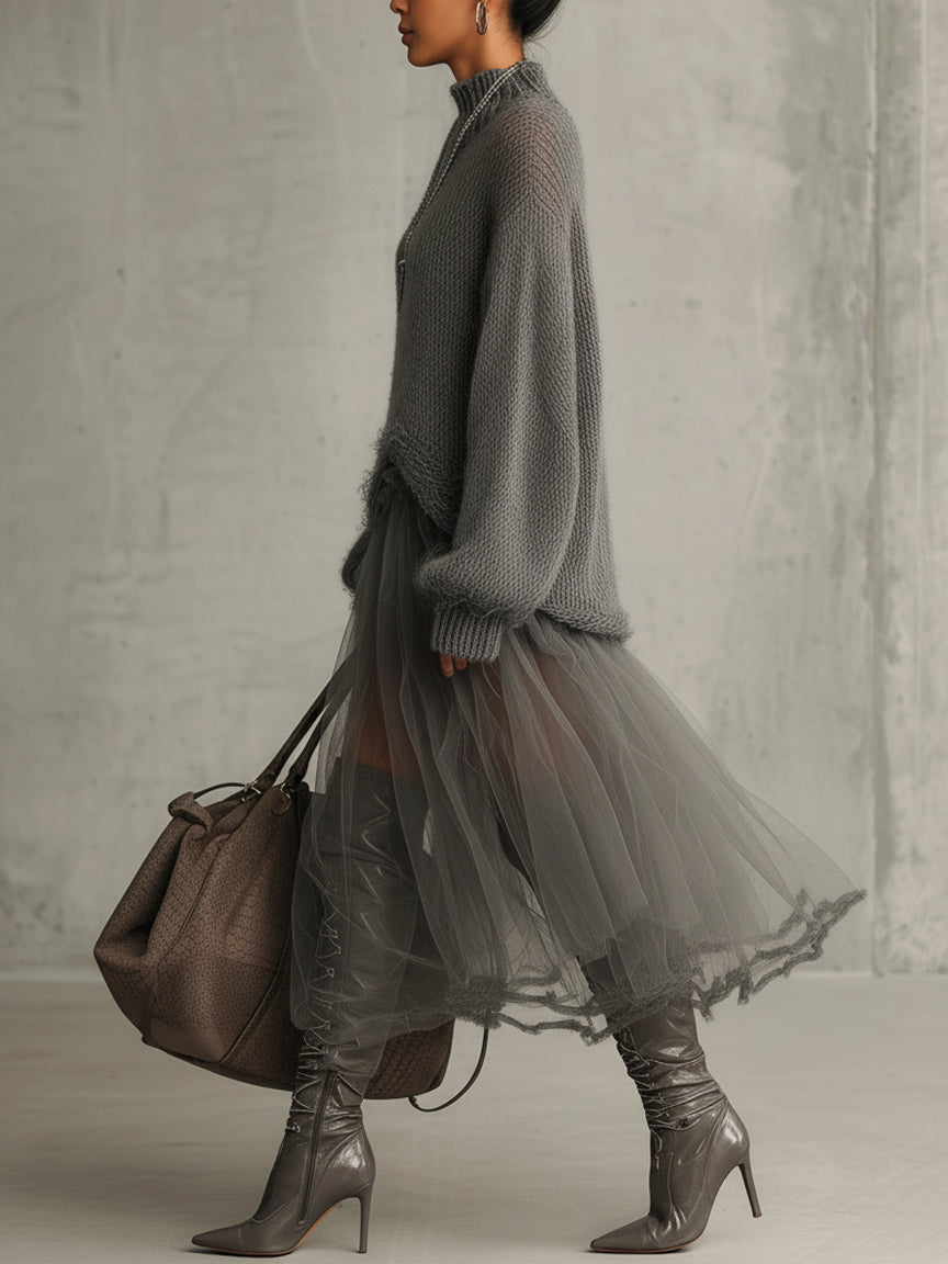 Gray Mohair And Tulle Panel Maxi Dress