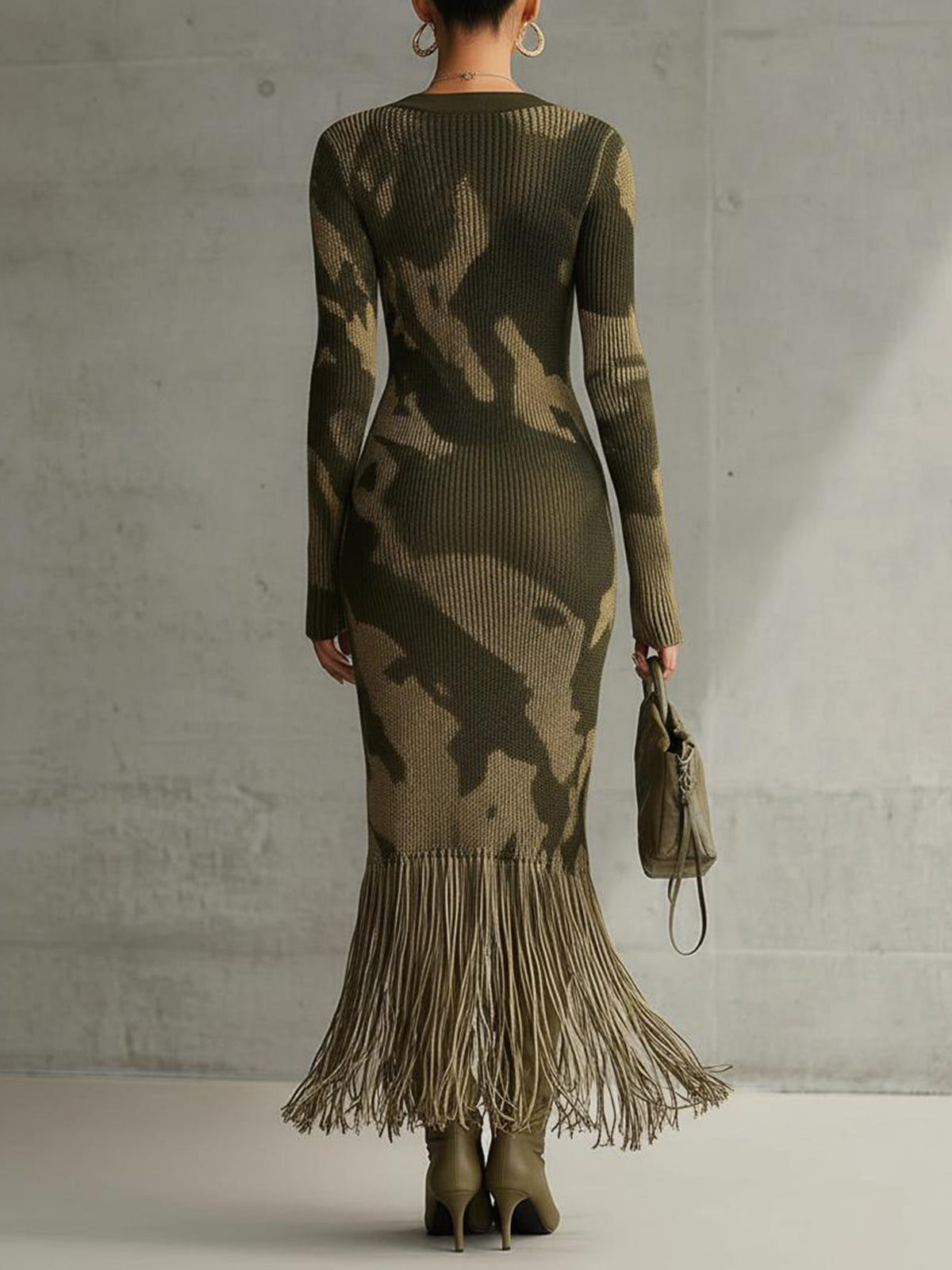 Olive Camo Knit V-Neck Fringe Hem Bodycon Dress