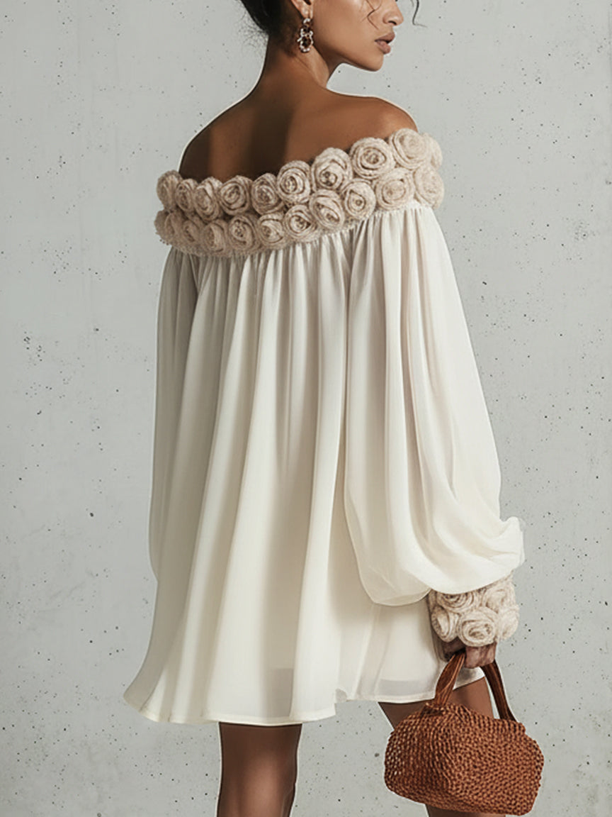 Cream 3D Floral Chiffon Zip Mini Dress