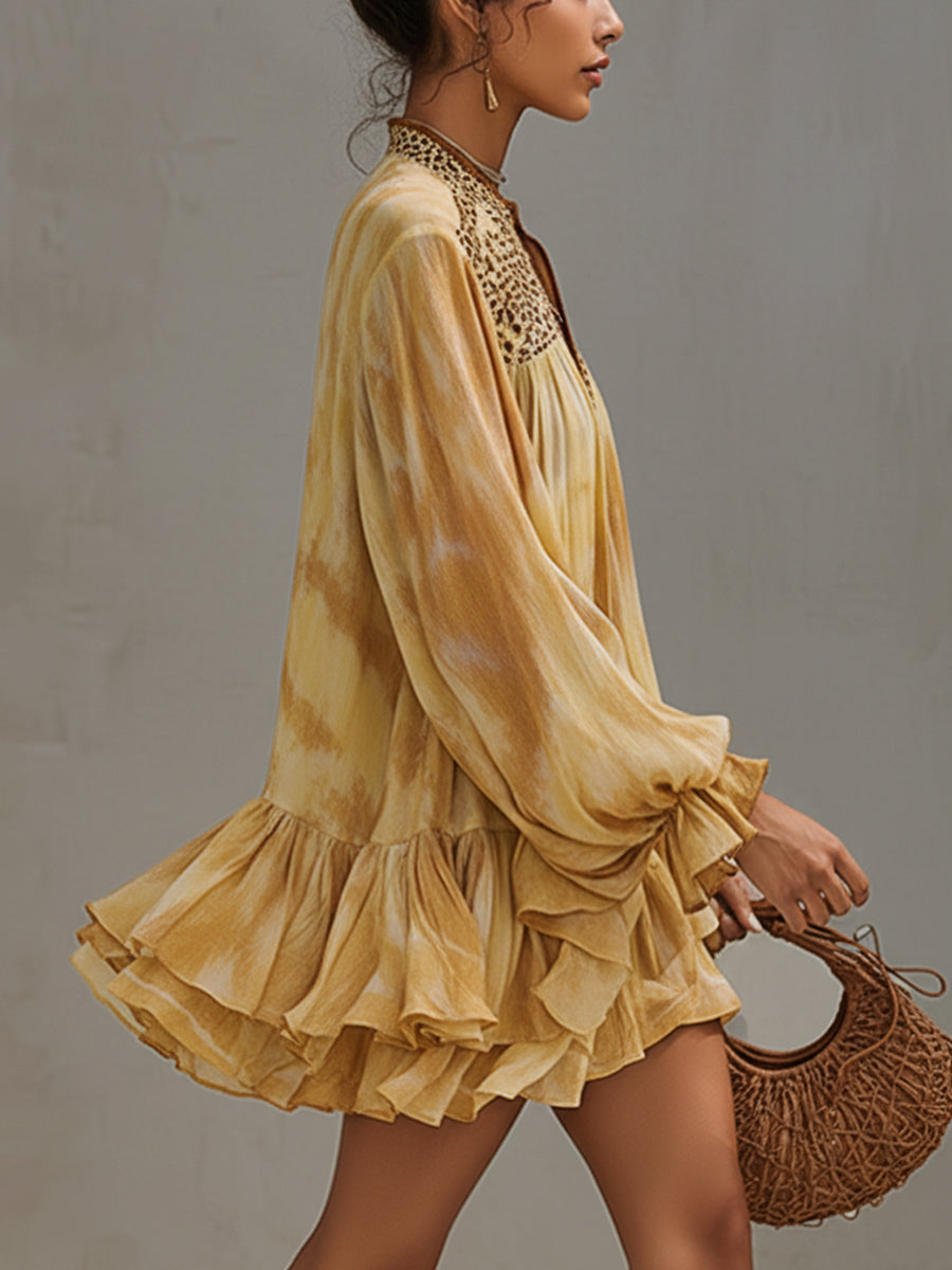 Yellow Tie Dye Embroidered Loose Long Sleeve Mini Dress