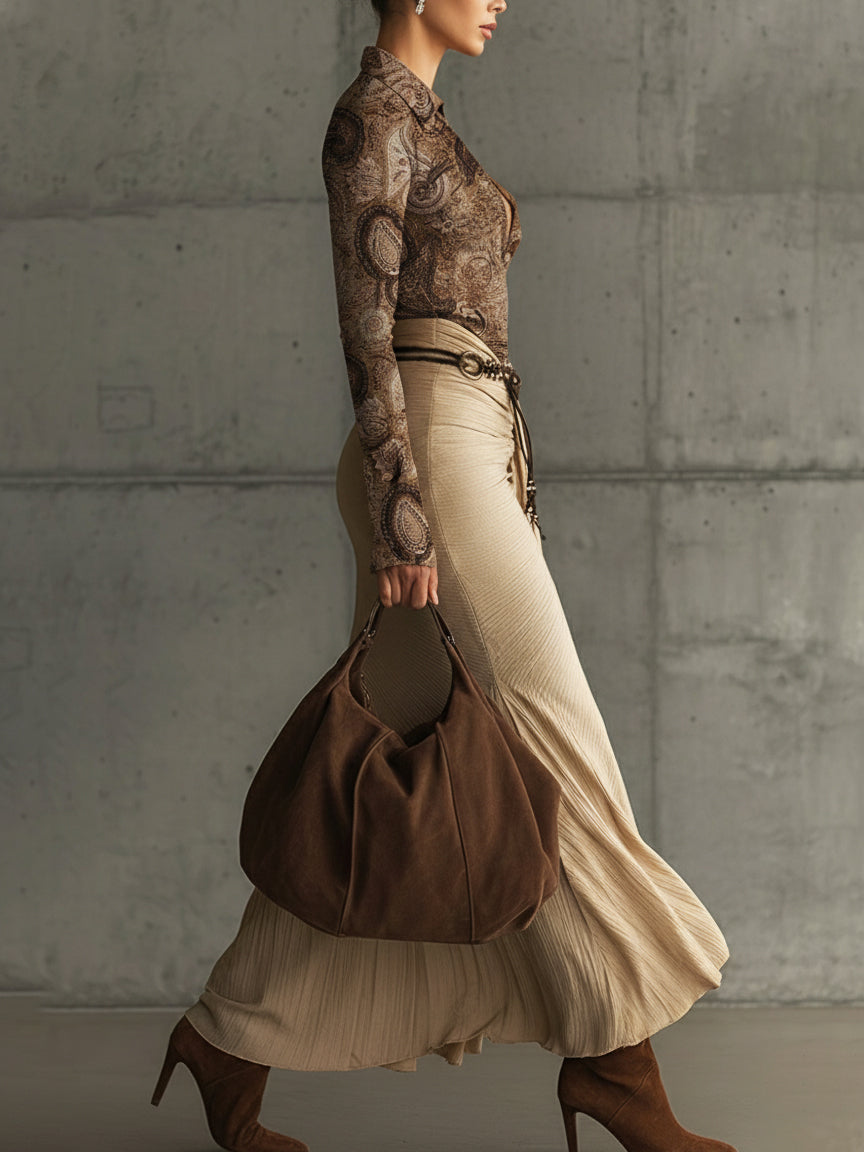 Light Brown Printed Top And Skirt Set With Bohemian Belt