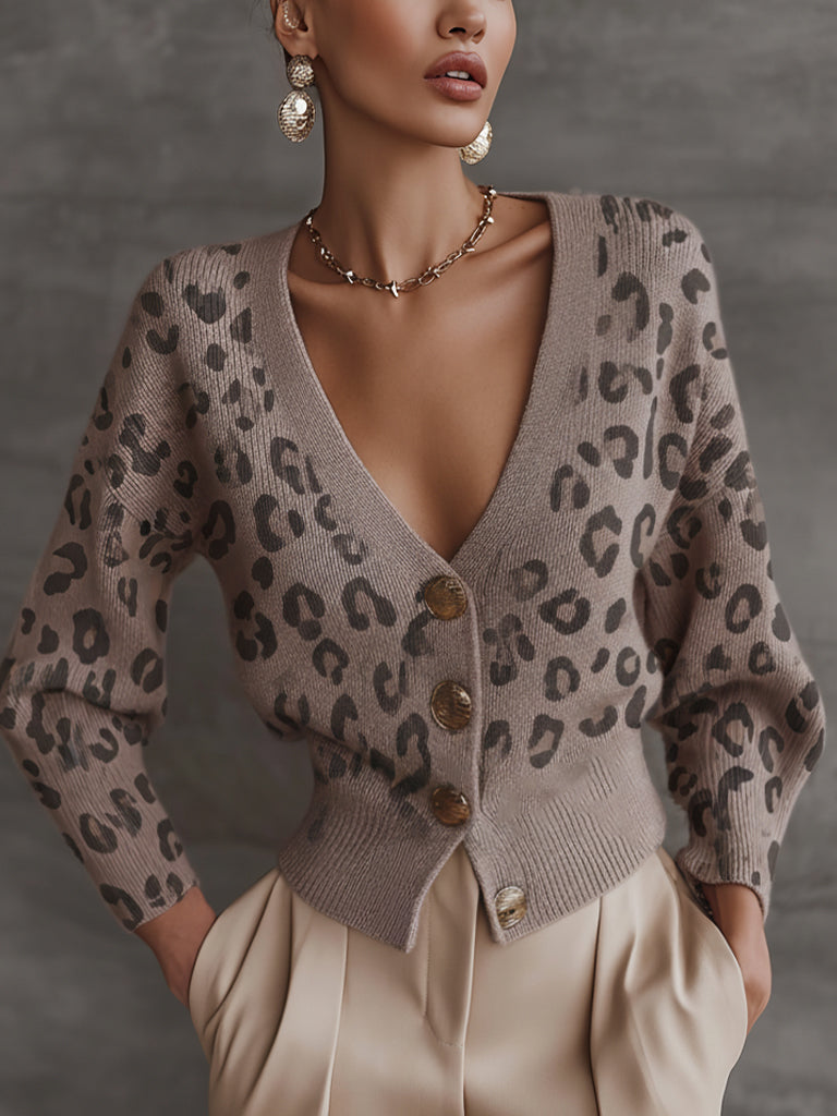Taupe Leopard Print V-Neck Knit Cardigan With Vintage Metal Buttons
