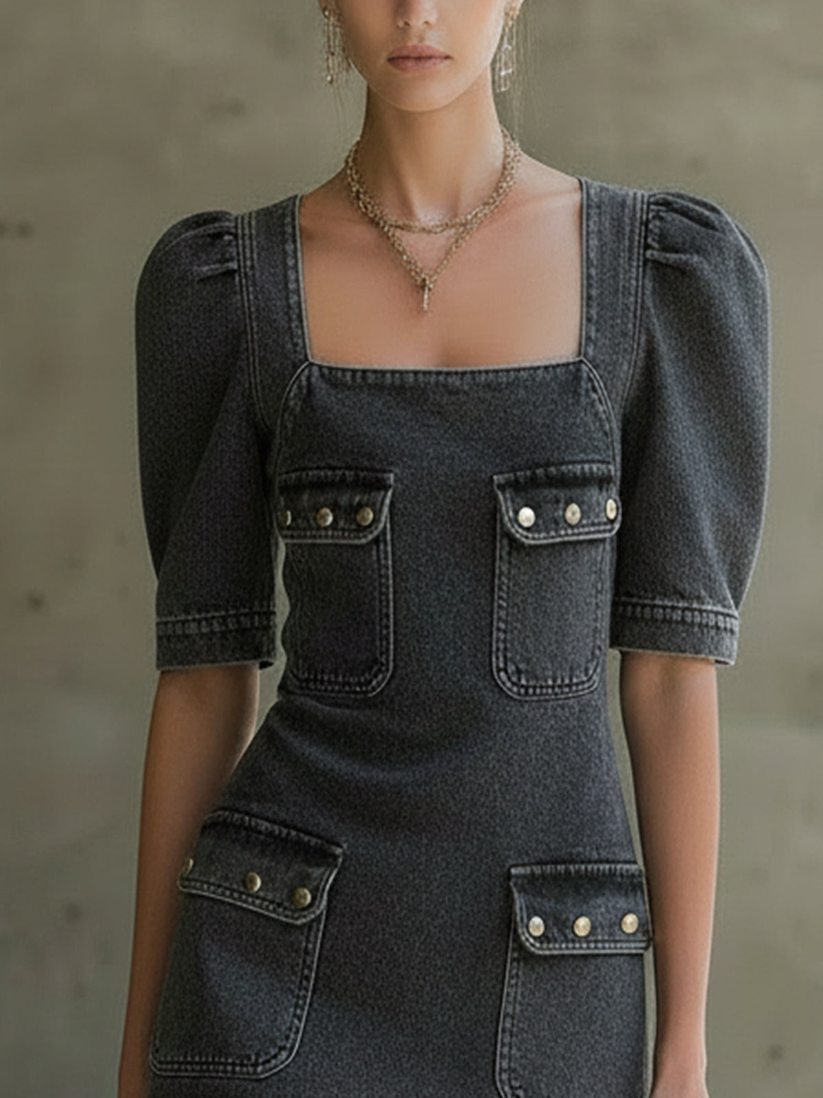 Gray Puff‑Sleeve Square‑Neck Mini Dress With Front Pockets